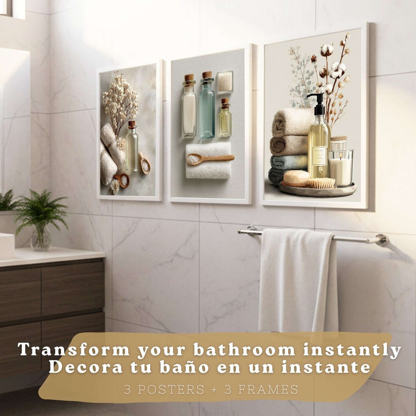 Juego de 3 Laminas Decorativas para Baño Cuadros y Poster para Pared Lavabo Ducha WC y Aseo con Botellas Sales y Toallas Estilo Natural Moderno