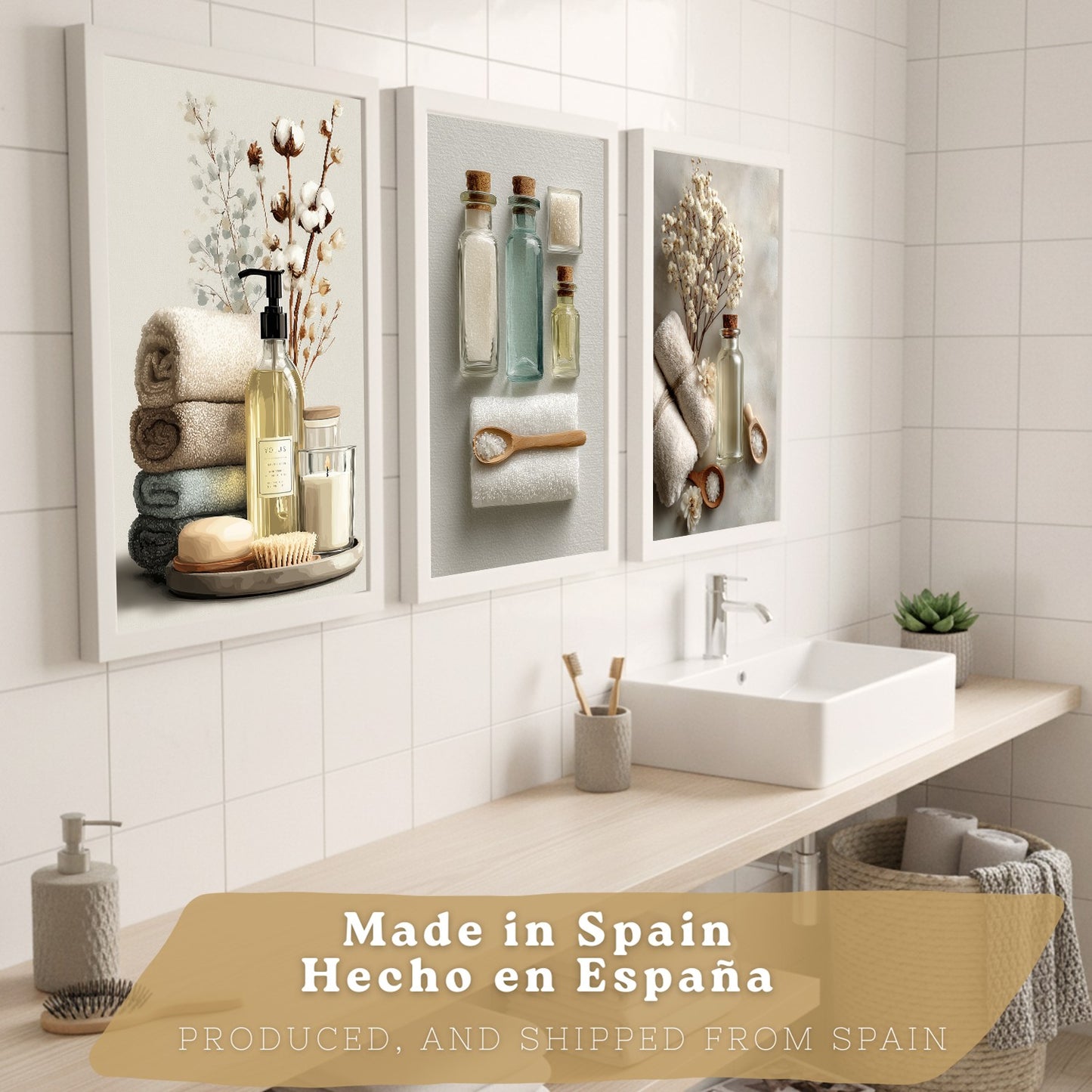 Juego de 3 Laminas Decorativas para Baño Cuadros y Poster para Pared Lavabo Ducha WC y Aseo con Botellas Sales y Toallas Estilo Natural Moderno
