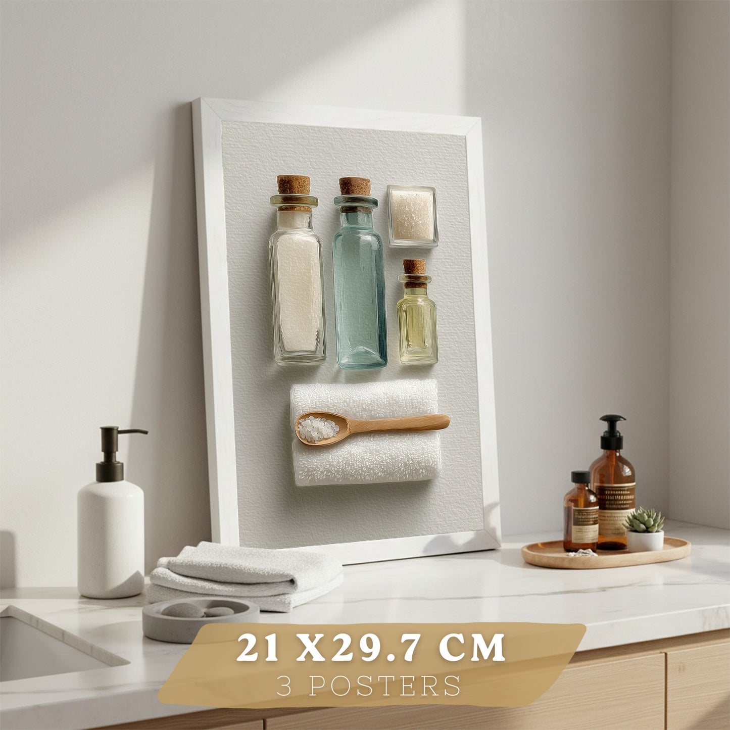 Juego de 3 Laminas Decorativas para Baño Cuadros y Poster para Pared Lavabo Ducha WC y Aseo con Botellas Sales y Toallas Estilo Natural Moderno