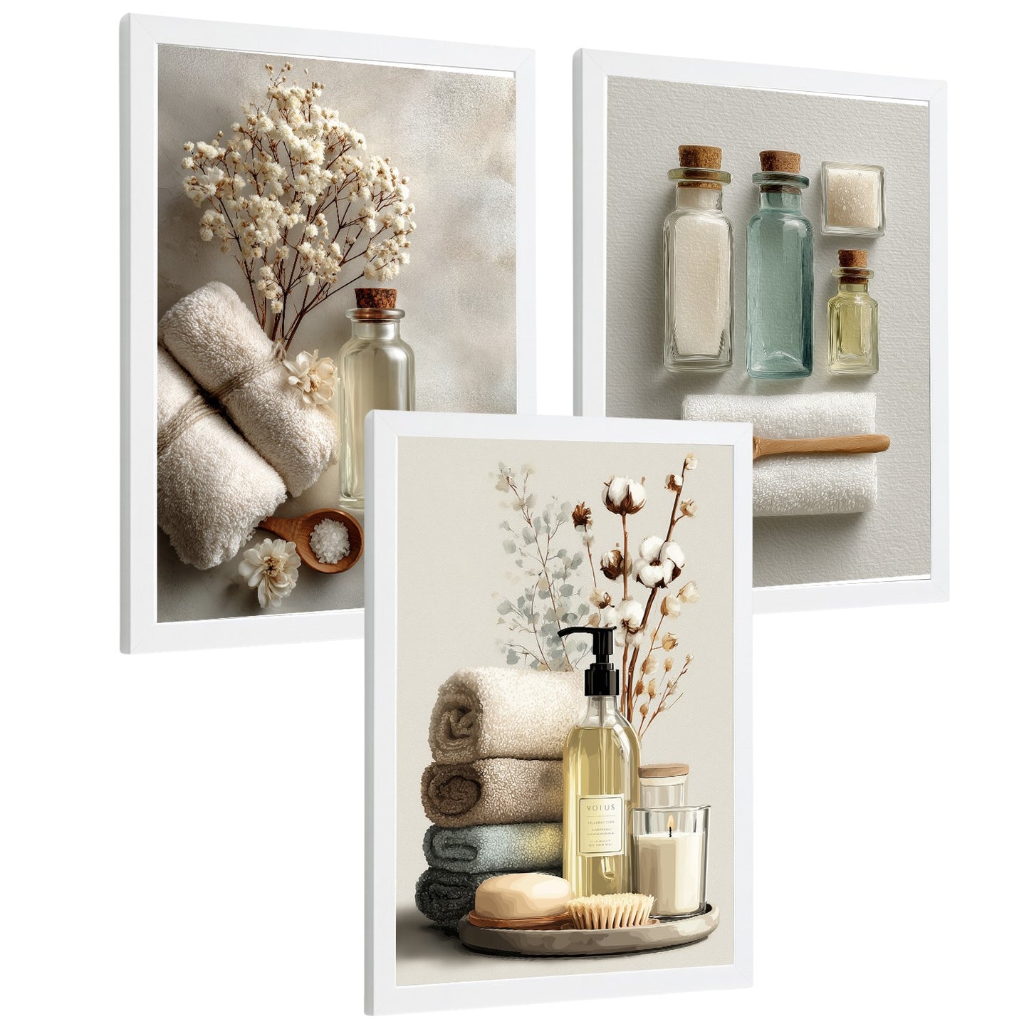 Juego de 3 Laminas Decorativas para Baño Cuadros y Poster para Pared Lavabo Ducha WC y Aseo con Botellas Sales y Toallas Estilo Natural Moderno
