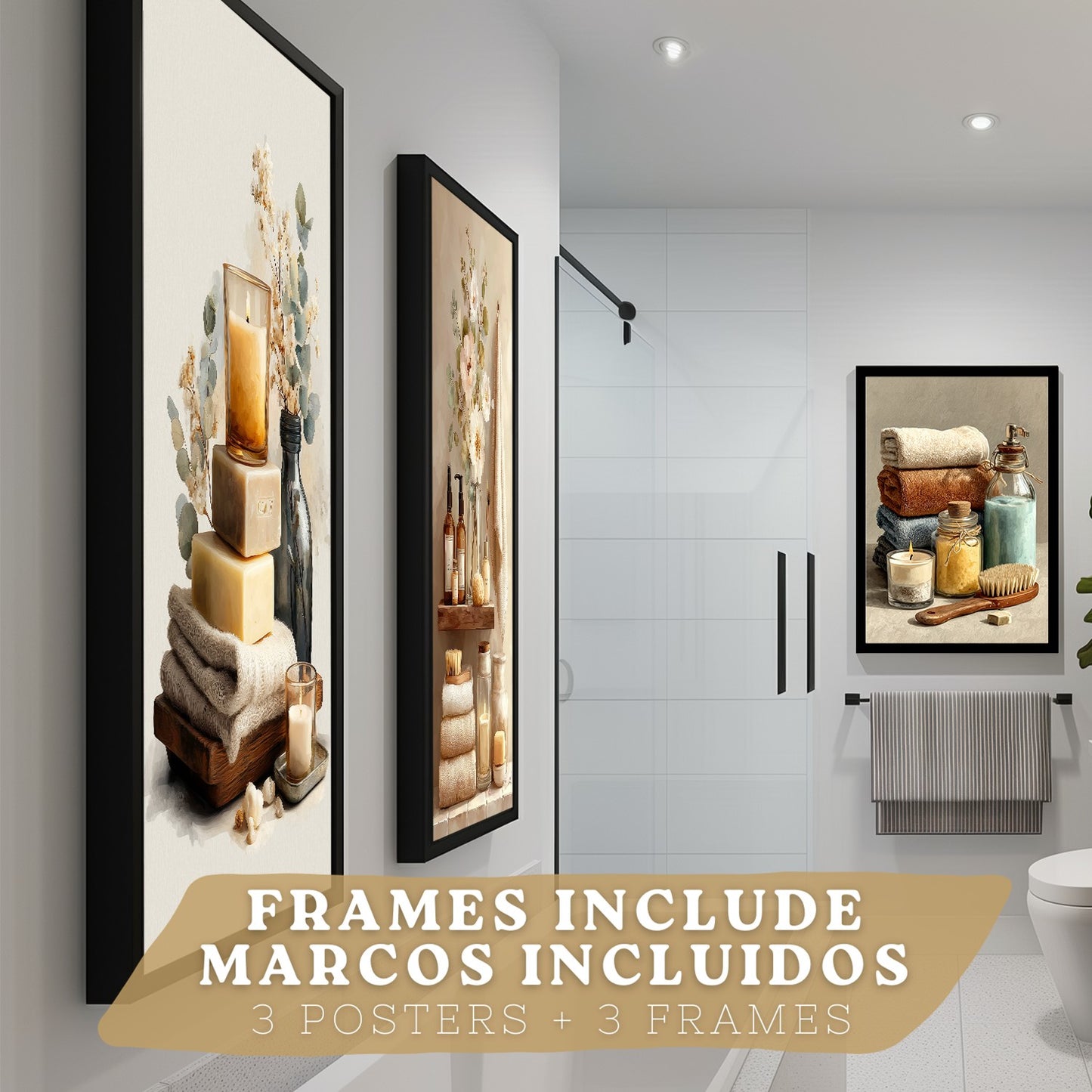 Set de 3 Laminas Decorativas Baño Estilo Spa Acogedor Cuadros con Velas Flores y Toallas Posters Relax Decoracion Hogar