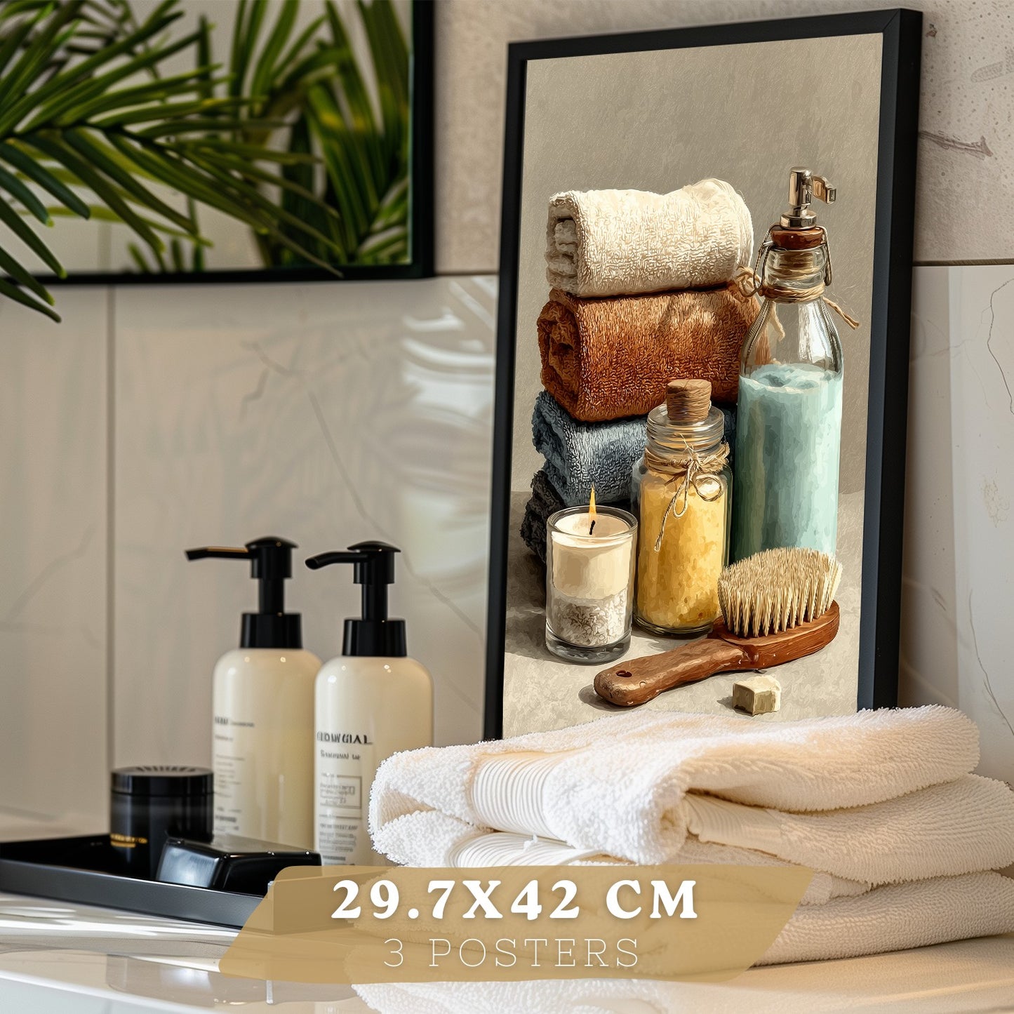 Set de 3 Laminas Decorativas Baño Estilo Spa Acogedor Cuadros con Velas Flores y Toallas Posters Relax Decoracion Hogar