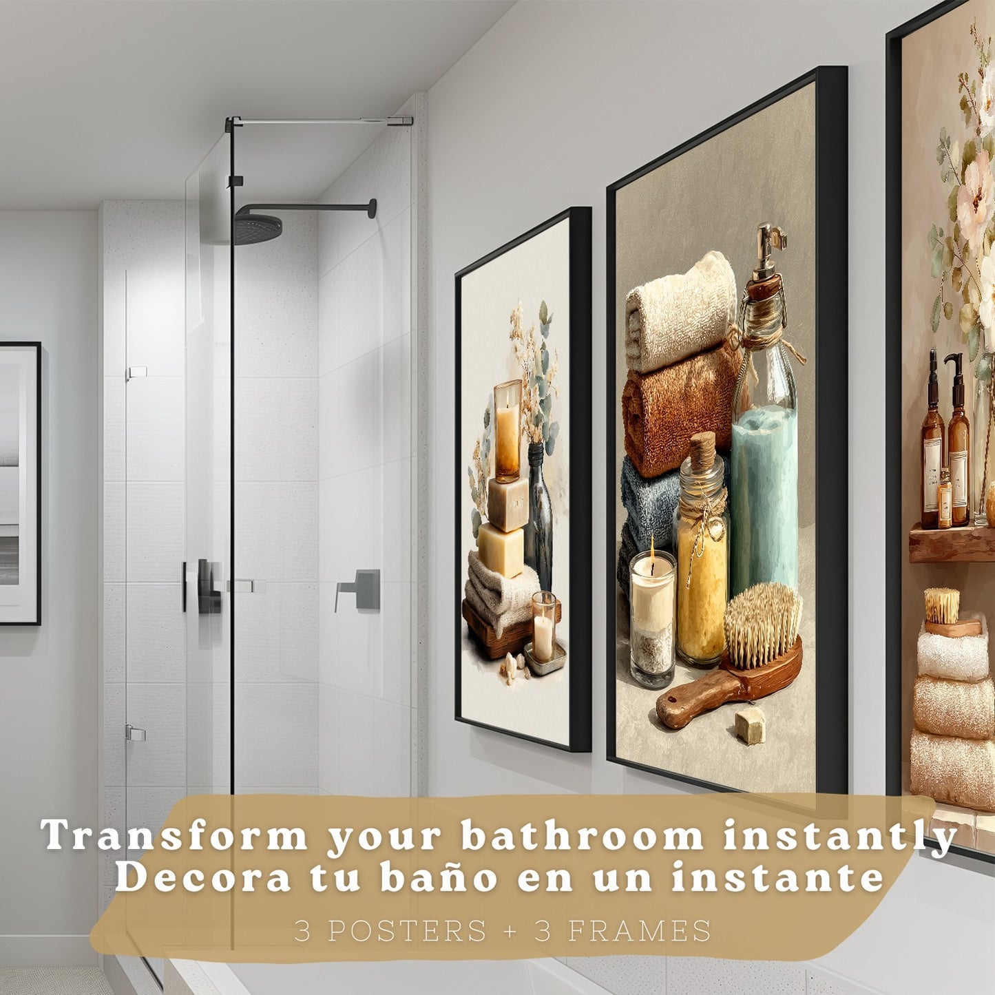 Set de 3 Laminas Decorativas Baño Estilo Spa Acogedor Cuadros con Velas Flores y Toallas Posters Relax Decoracion Hogar