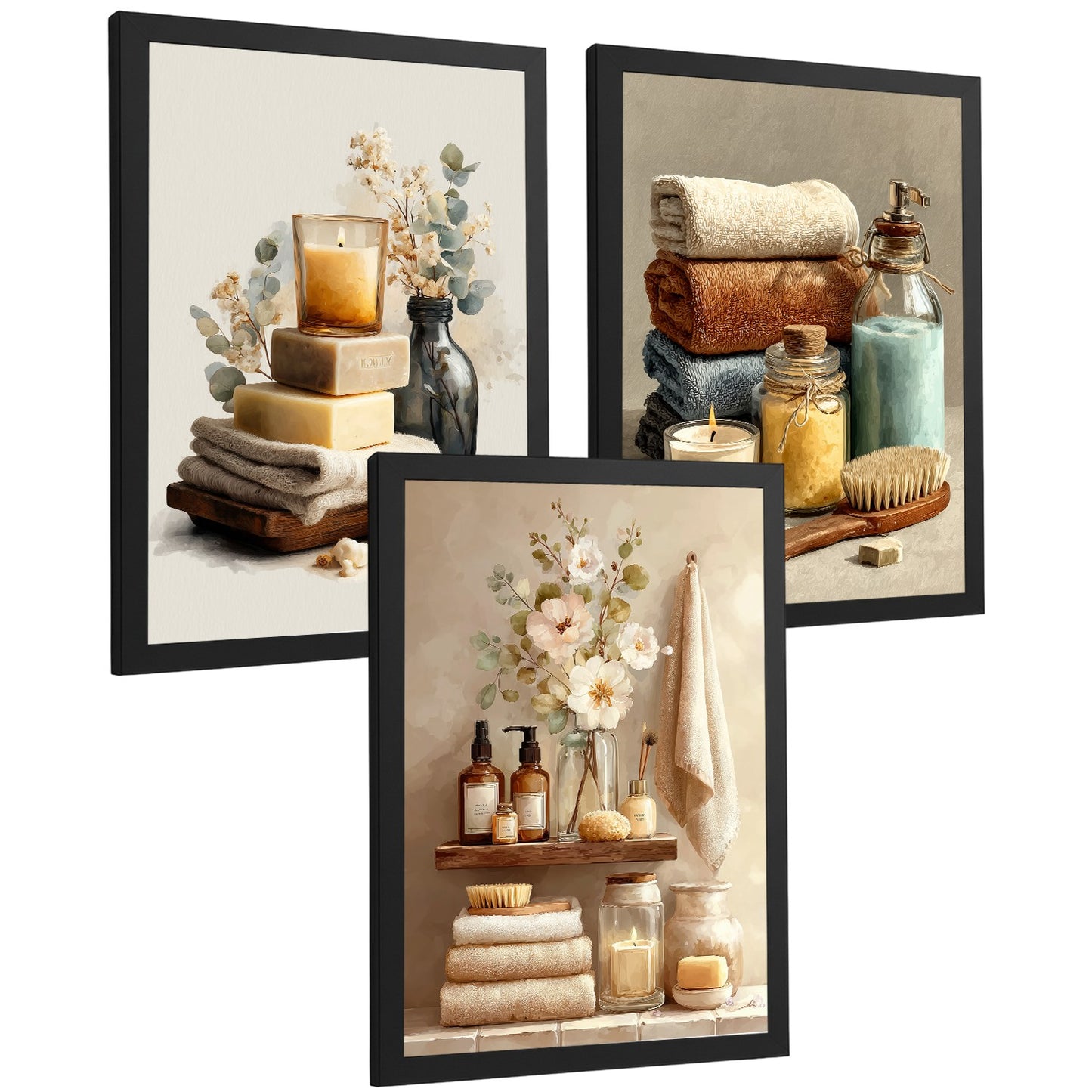 Set de 3 Laminas Decorativas Baño Estilo Spa Acogedor Cuadros con Velas Flores y Toallas Posters Relax Decoracion Hogar