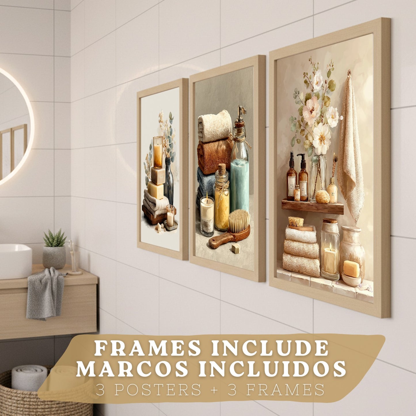 Set de 3 Laminas Decorativas Baño Estilo Spa Acogedor Cuadros con Velas Flores y Toallas Posters Relax Decoracion Hogar