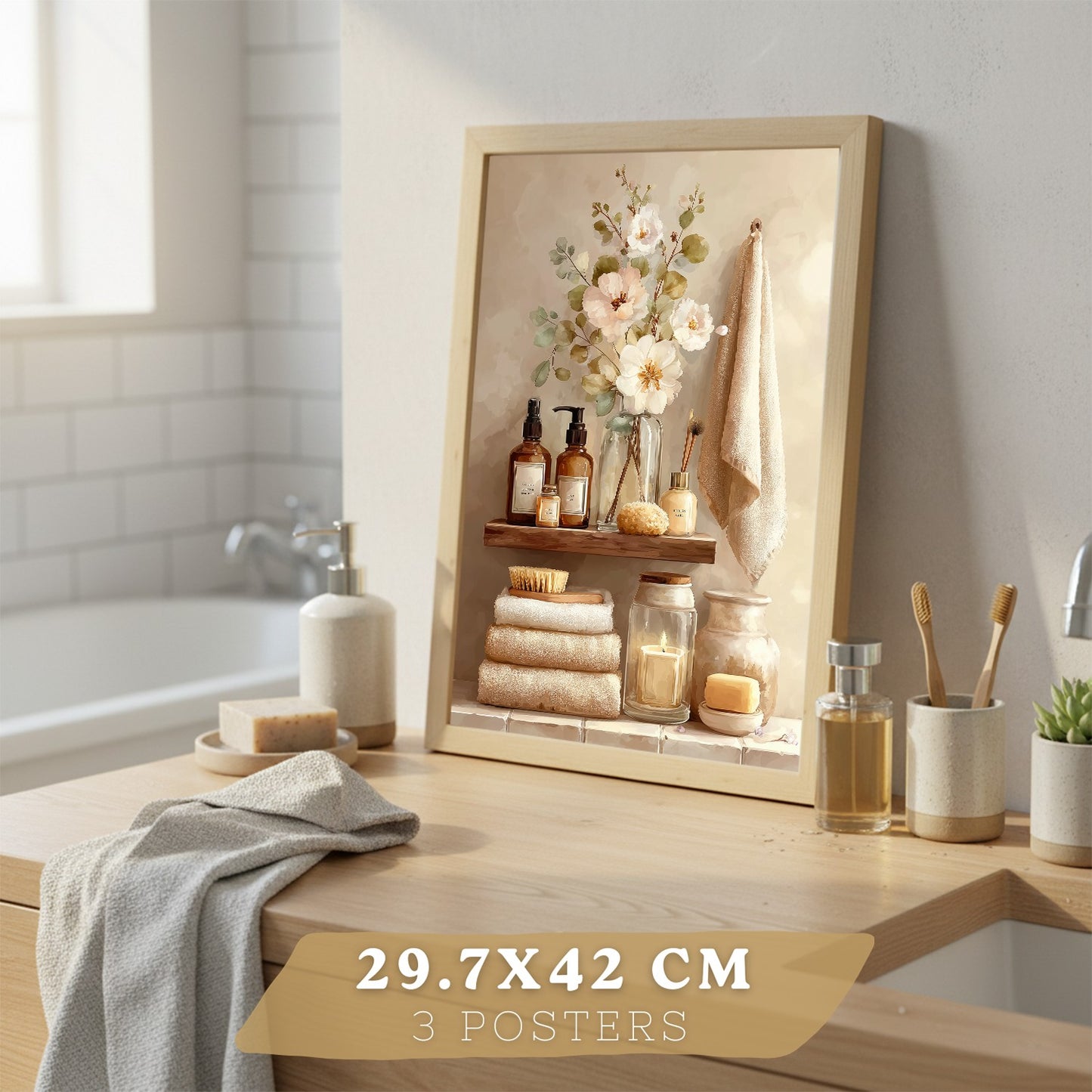 Set de 3 Laminas Decorativas Baño Estilo Spa Acogedor Cuadros con Velas Flores y Toallas Posters Relax Decoracion Hogar