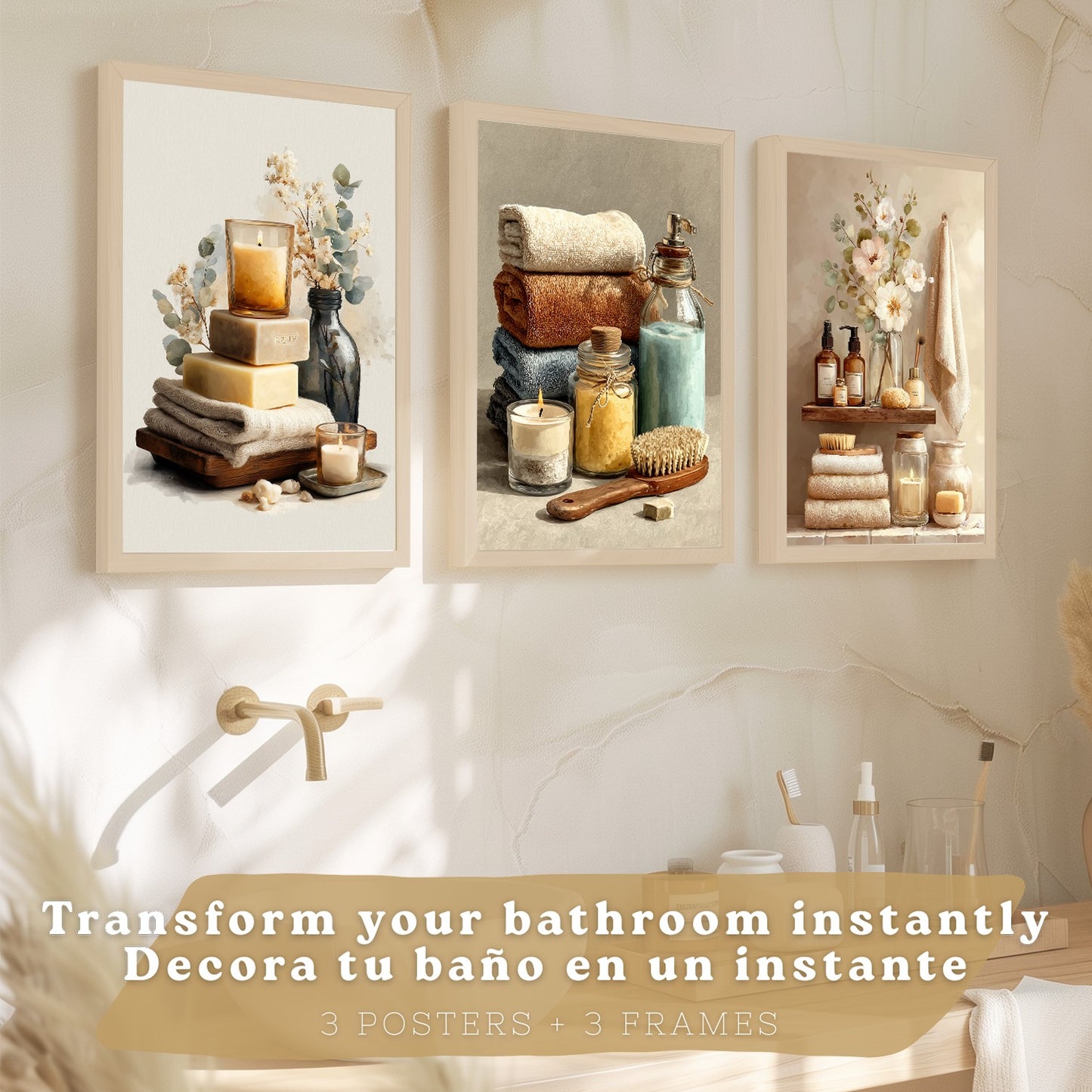 Set de 3 Laminas Decorativas Baño Estilo Spa Acogedor Cuadros con Velas Flores y Toallas Posters Relax Decoracion Hogar