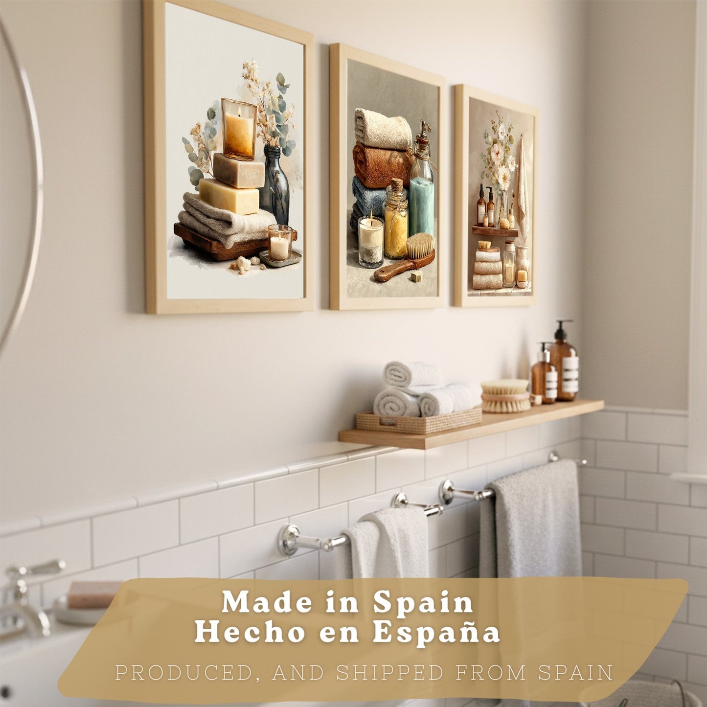 Set de 3 Laminas Decorativas Baño Estilo Spa Acogedor Cuadros con Velas Flores y Toallas Posters Relax Decoracion Hogar