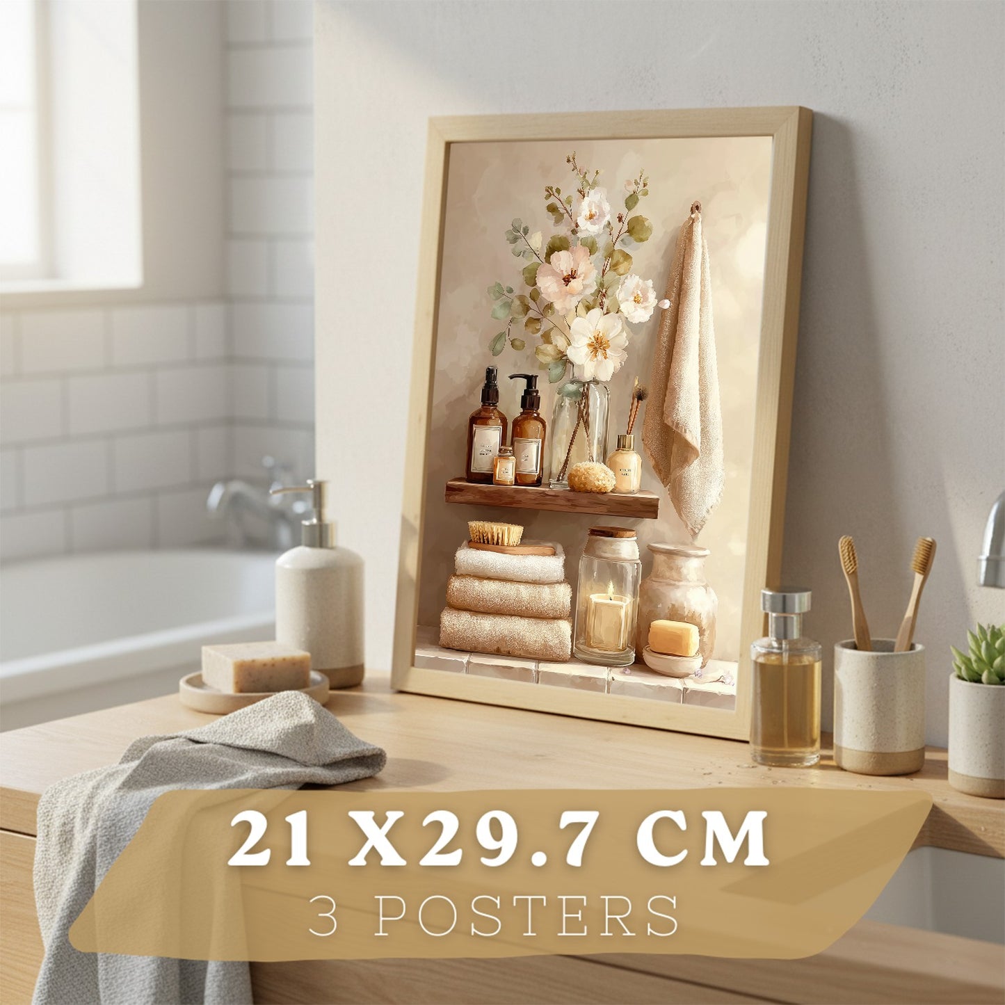 Set de 3 Laminas Decorativas Baño Estilo Spa Acogedor Cuadros con Velas Flores y Toallas Posters Relax Decoracion Hogar