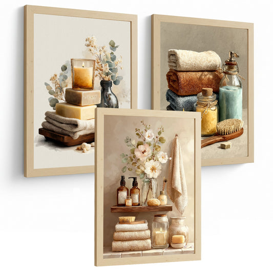 Set de 3 Laminas Decorativas Baño Estilo Spa Acogedor Cuadros con Velas Flores y Toallas Posters Relax Decoracion Hogar