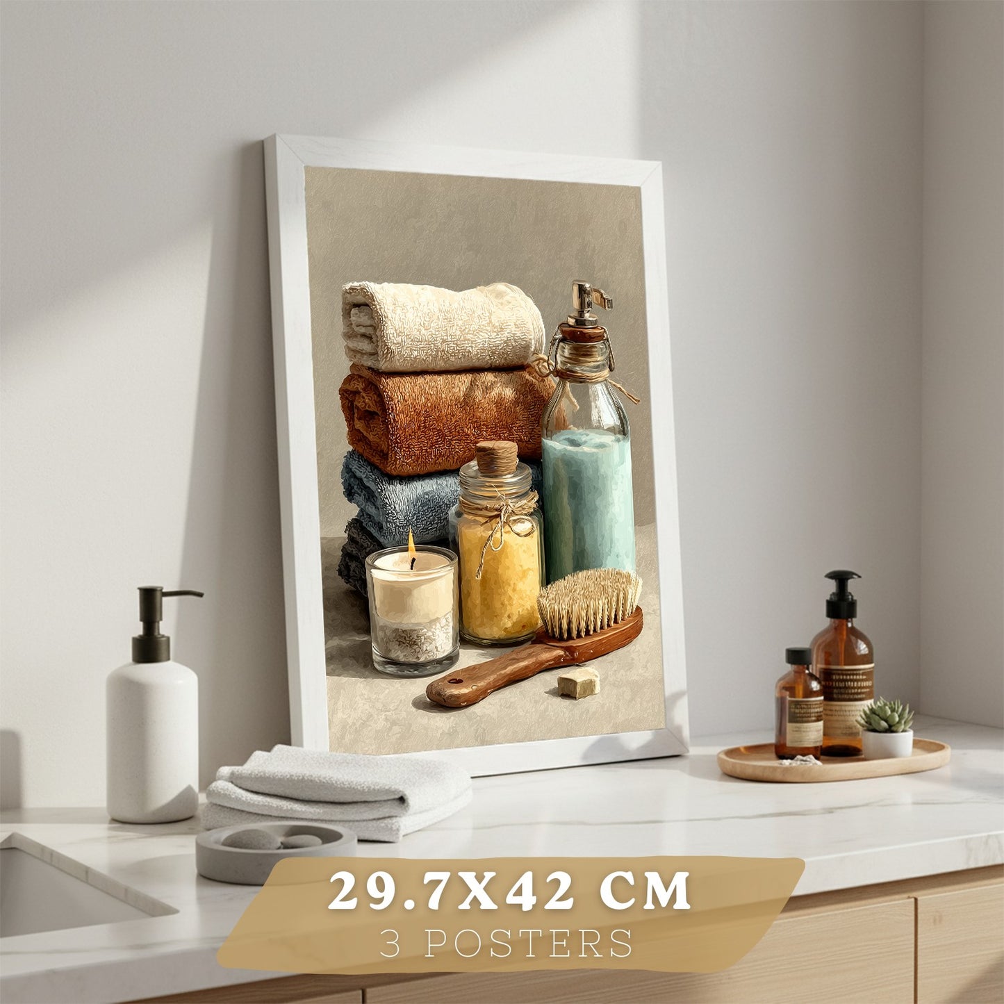 Set de 3 Laminas Decorativas Baño Estilo Spa Acogedor Cuadros con Velas Flores y Toallas Posters Relax Decoracion Hogar