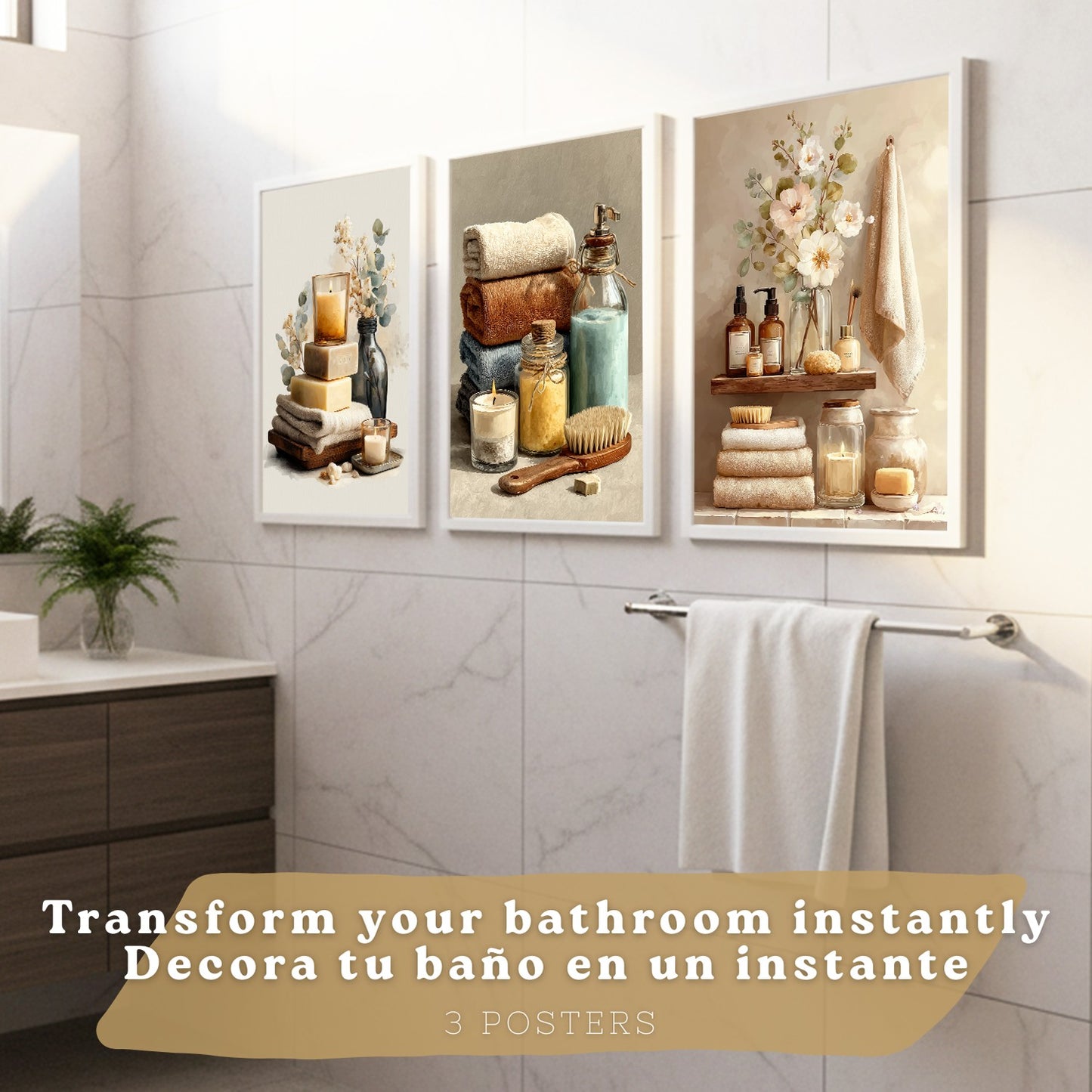 Set de 3 Laminas Decorativas Baño Estilo Spa Acogedor Cuadros con Velas Flores y Toallas Posters Relax Decoracion Hogar