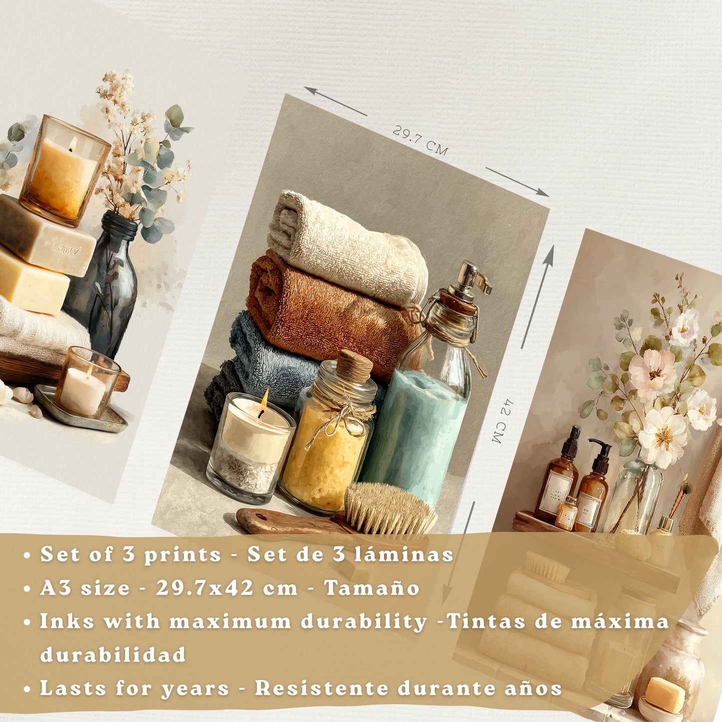 Set de 3 Laminas Decorativas Baño Estilo Spa Acogedor Cuadros con Velas Flores y Toallas Posters Relax Decoracion Hogar