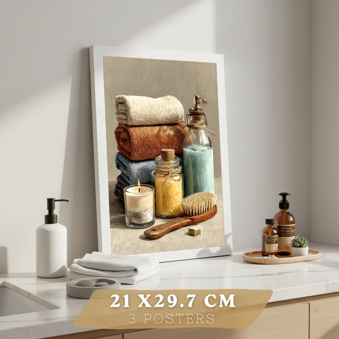 Set de 3 Laminas Decorativas Baño Estilo Spa Acogedor Cuadros con Velas Flores y Toallas Posters Relax Decoracion Hogar