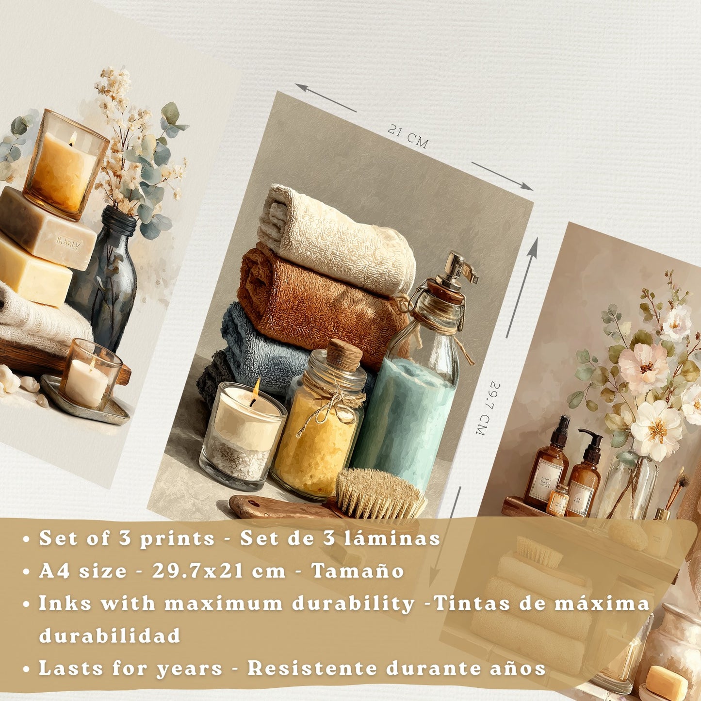 Set de 3 Laminas Decorativas Baño Estilo Spa Acogedor Cuadros con Velas Flores y Toallas Posters Relax Decoracion Hogar