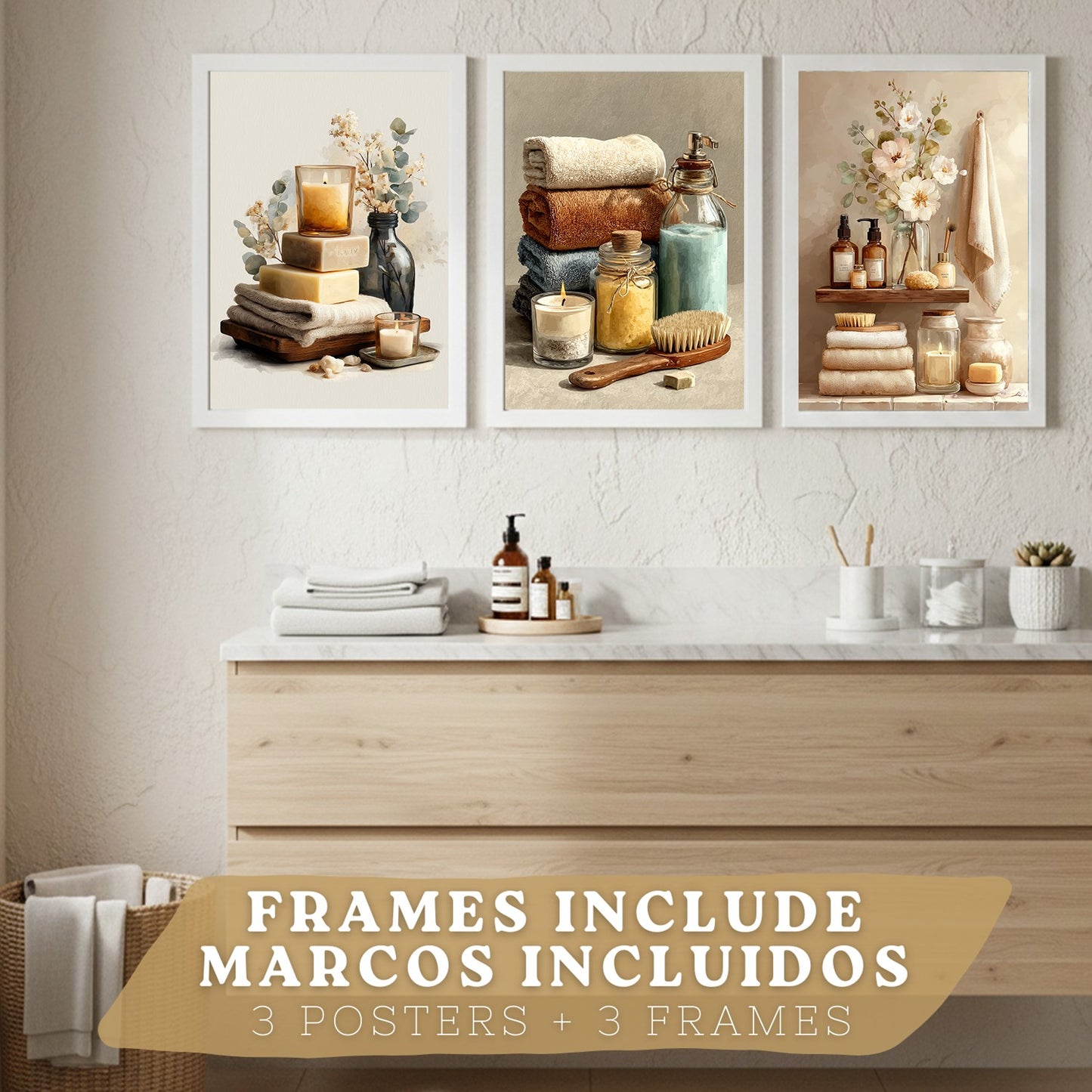 Set de 3 Laminas Decorativas Baño Estilo Spa Acogedor Cuadros con Velas Flores y Toallas Posters Relax Decoracion Hogar