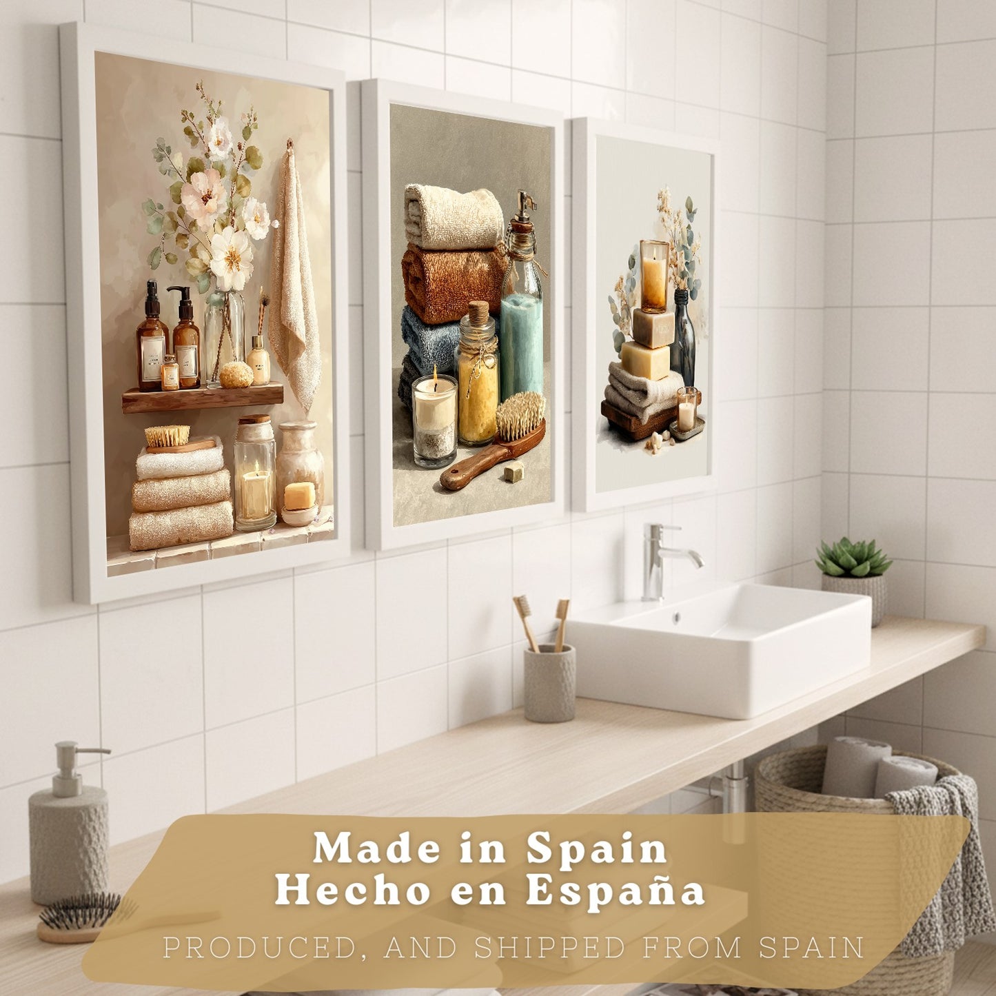 Set de 3 Laminas Decorativas Baño Estilo Spa Acogedor Cuadros con Velas Flores y Toallas Posters Relax Decoracion Hogar