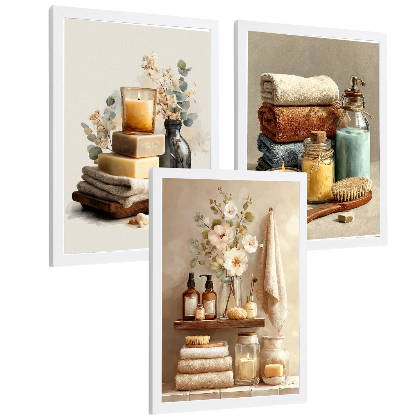 Set de 3 Laminas Decorativas Baño Estilo Spa Acogedor Cuadros con Velas Flores y Toallas Posters Relax Decoracion Hogar