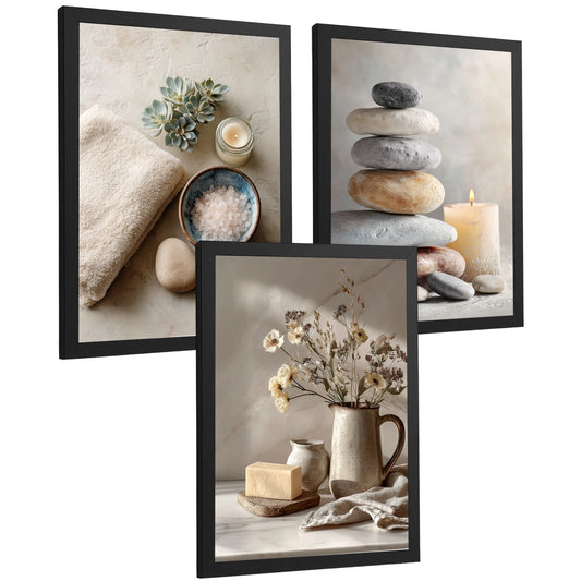 Set de 3 Laminas Decorativas Baño Estilo Spa Zen Cuadros Minimalistas con Piedras Velas y Flores Posters Relax Decoracion Hogar