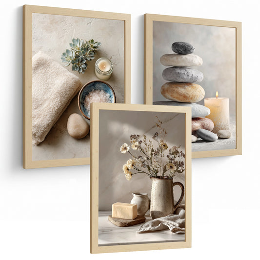 Set de 3 Laminas Decorativas Baño Estilo Spa Zen Cuadros Minimalistas con Piedras Velas y Flores Posters Relax Decoracion Hogar