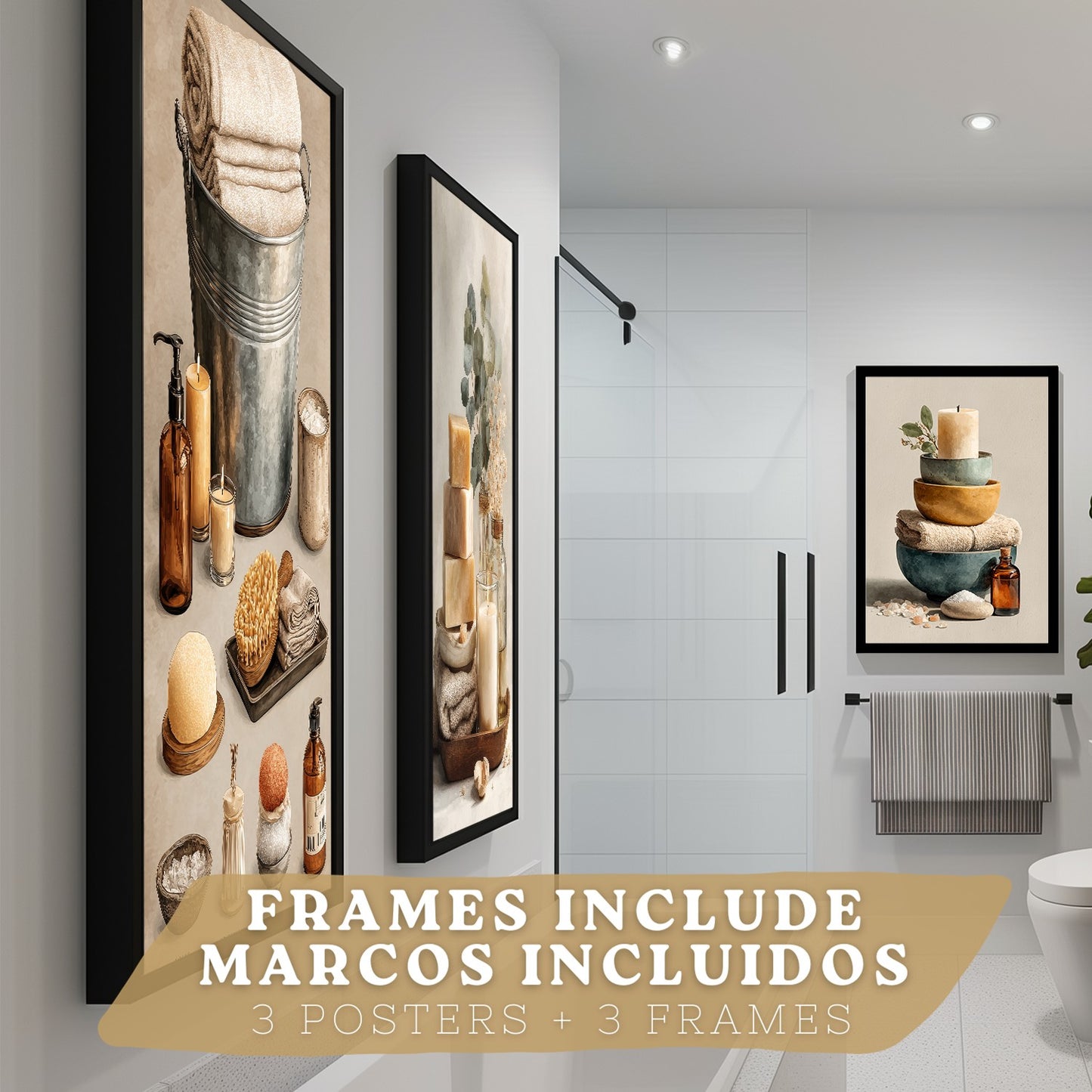 Set de 3 Laminas Decorativas para Baño Cuadros y Poster para Pared de Lavabo Ducha WC y Aseo con Velas Jabones y Toallas Estilo Natural Moderno