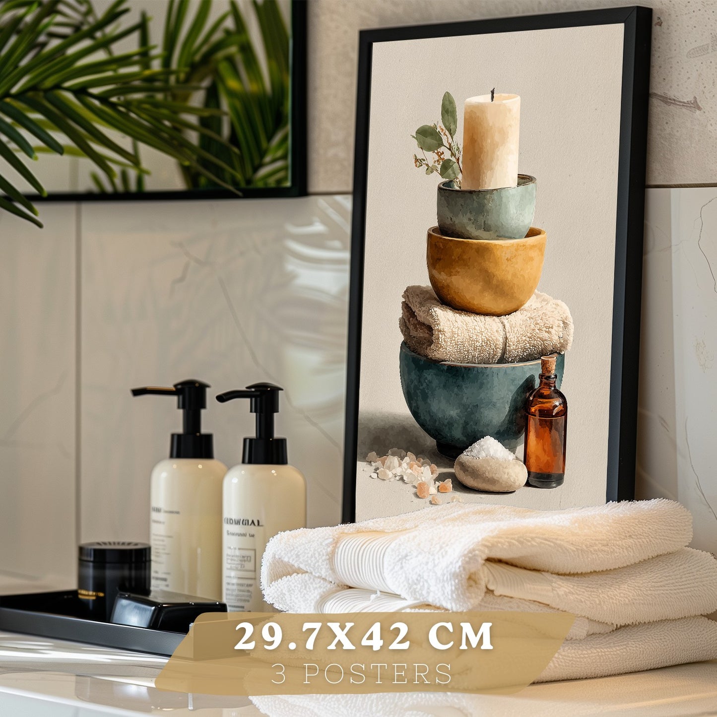 Set de 3 Laminas Decorativas para Baño Cuadros y Poster para Pared de Lavabo Ducha WC y Aseo con Velas Jabones y Toallas Estilo Natural Moderno