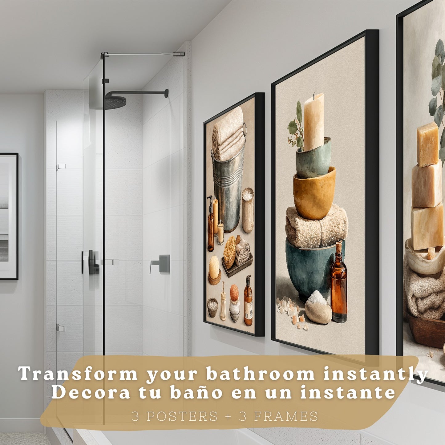 Set de 3 Laminas Decorativas para Baño Cuadros y Poster para Pared de Lavabo Ducha WC y Aseo con Velas Jabones y Toallas Estilo Natural Moderno