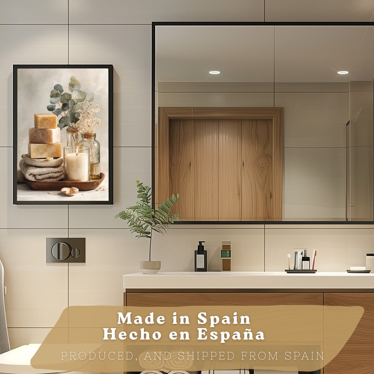 Set de 3 Laminas Decorativas para Baño Cuadros y Poster para Pared de Lavabo Ducha WC y Aseo con Velas Jabones y Toallas Estilo Natural Moderno