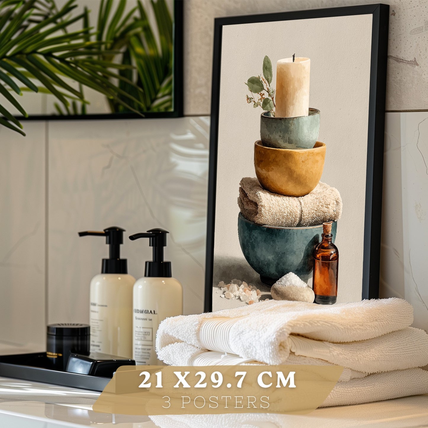 Set de 3 Laminas Decorativas para Baño Cuadros y Poster para Pared de Lavabo Ducha WC y Aseo con Velas Jabones y Toallas Estilo Natural Moderno