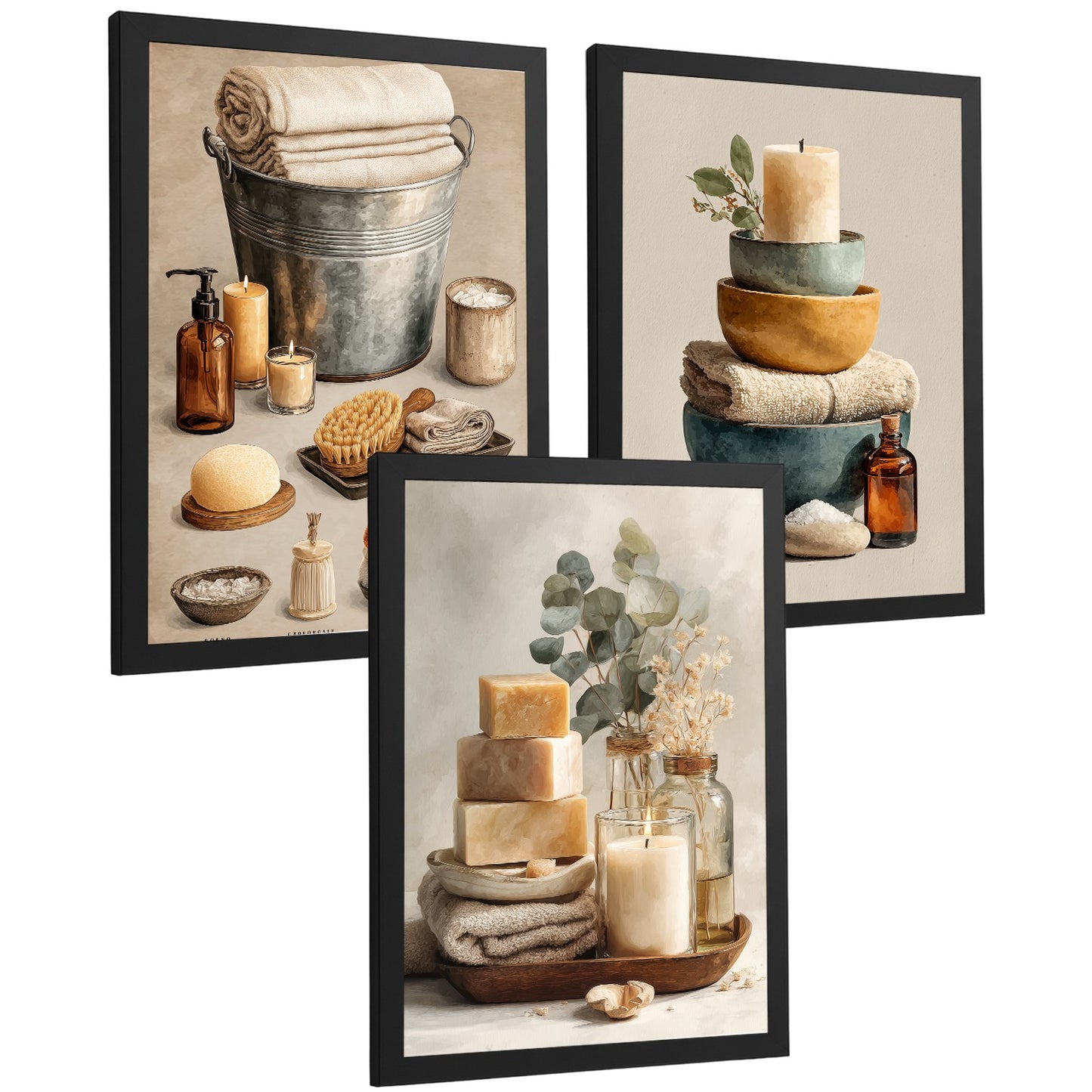 Set de 3 Laminas Decorativas para Baño Cuadros y Poster para Pared de Lavabo Ducha WC y Aseo con Velas Jabones y Toallas Estilo Natural Moderno
