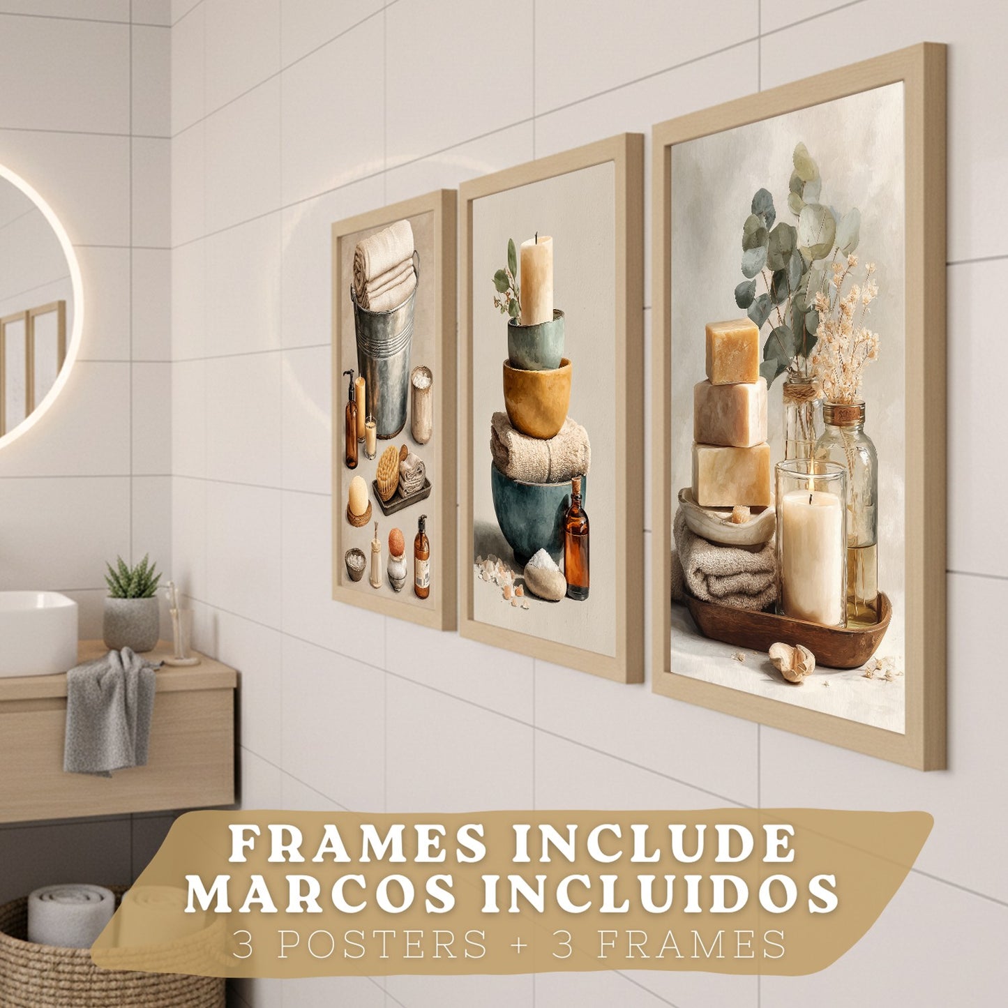 Set de 3 Laminas Decorativas para Baño Cuadros y Poster para Pared de Lavabo Ducha WC y Aseo con Velas Jabones y Toallas Estilo Natural Moderno