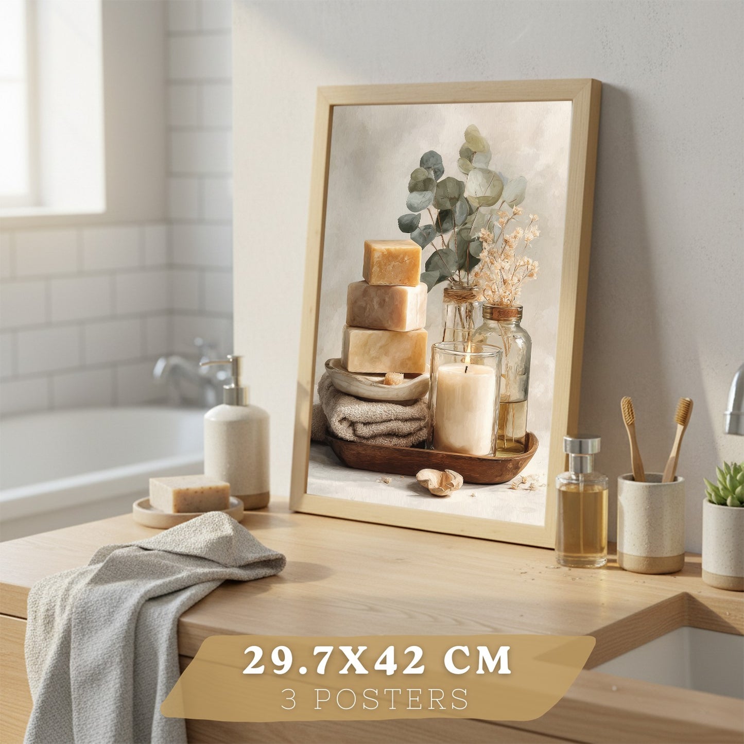 Set de 3 Laminas Decorativas para Baño Cuadros y Poster para Pared de Lavabo Ducha WC y Aseo con Velas Jabones y Toallas Estilo Natural Moderno