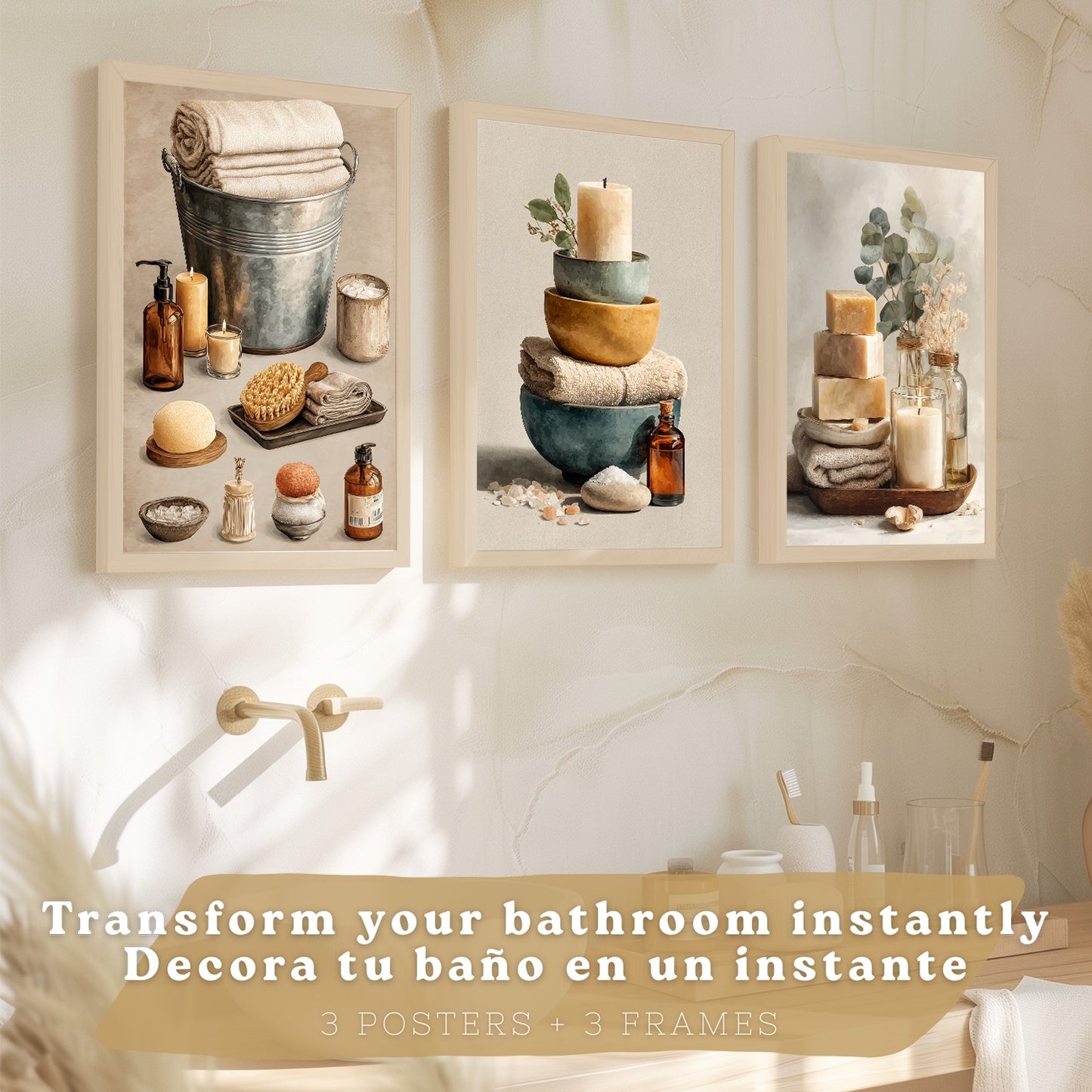Set de 3 Laminas Decorativas para Baño Cuadros y Poster para Pared de Lavabo Ducha WC y Aseo con Velas Jabones y Toallas Estilo Natural Moderno
