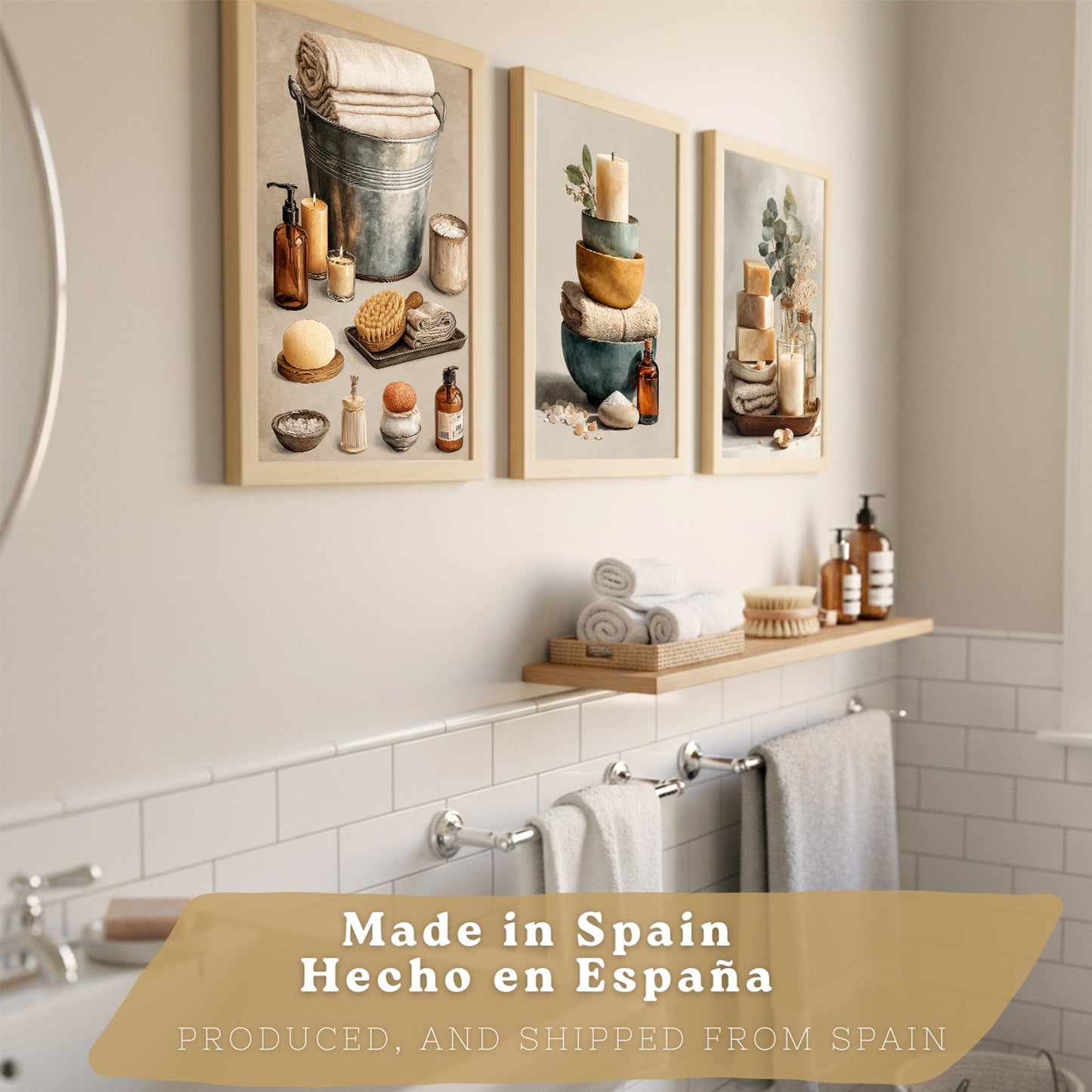 Set de 3 Laminas Decorativas para Baño Cuadros y Poster para Pared de Lavabo Ducha WC y Aseo con Velas Jabones y Toallas Estilo Natural Moderno