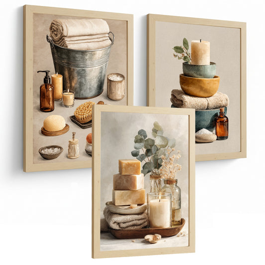 Set de 3 Laminas Decorativas para Baño Cuadros y Poster para Pared de Lavabo Ducha WC y Aseo con Velas Jabones y Toallas Estilo Natural Moderno