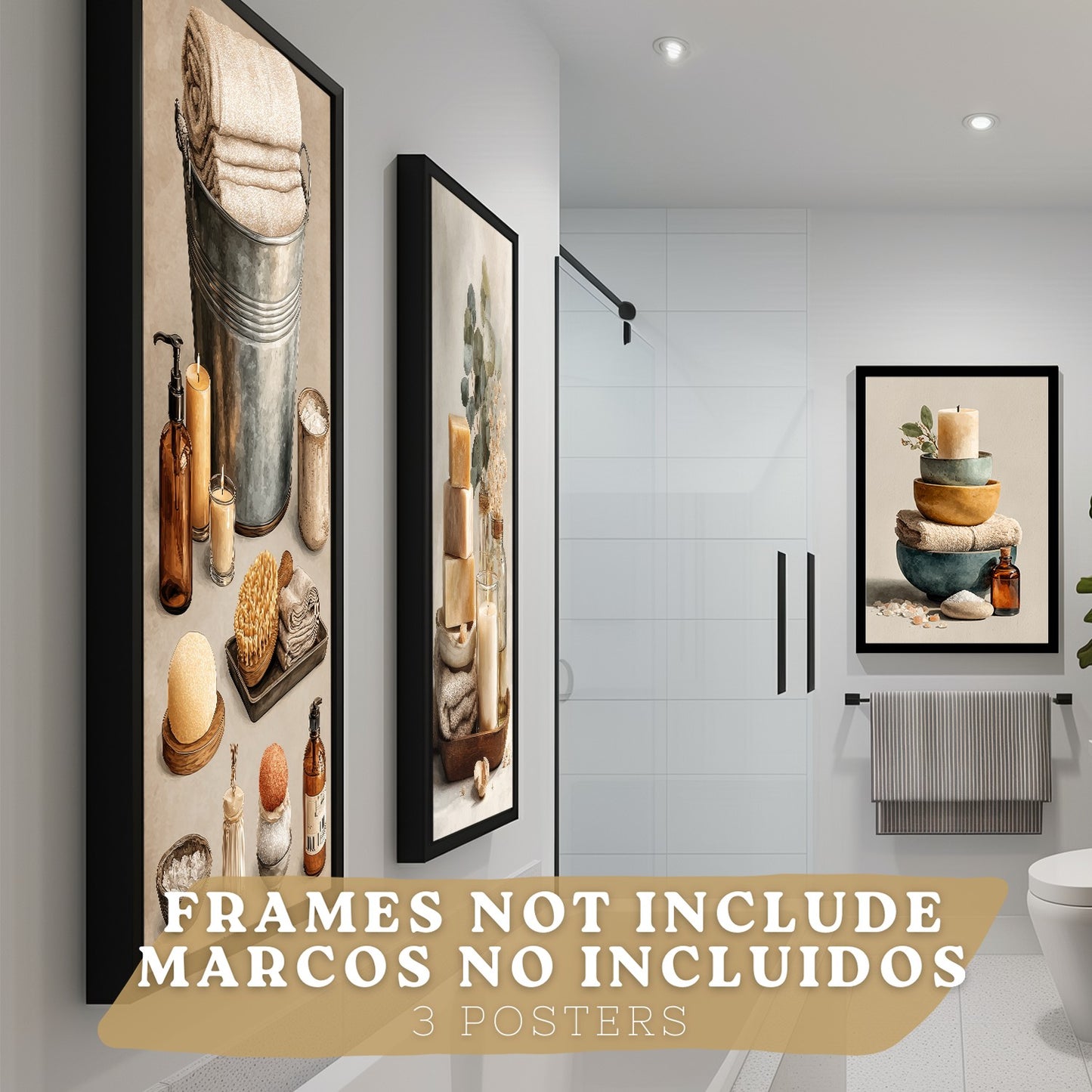 Set de 3 Laminas Decorativas para Baño Cuadros y Poster para Pared de Lavabo Ducha WC y Aseo con Velas Jabones y Toallas Estilo Natural Moderno