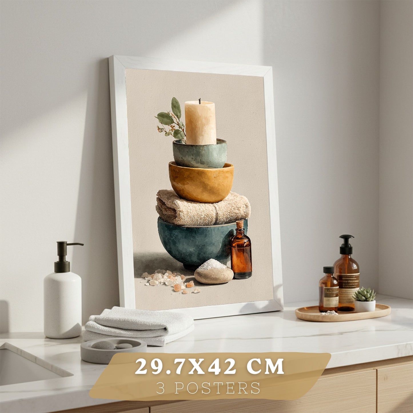Set de 3 Laminas Decorativas para Baño Cuadros y Poster para Pared de Lavabo Ducha WC y Aseo con Velas Jabones y Toallas Estilo Natural Moderno