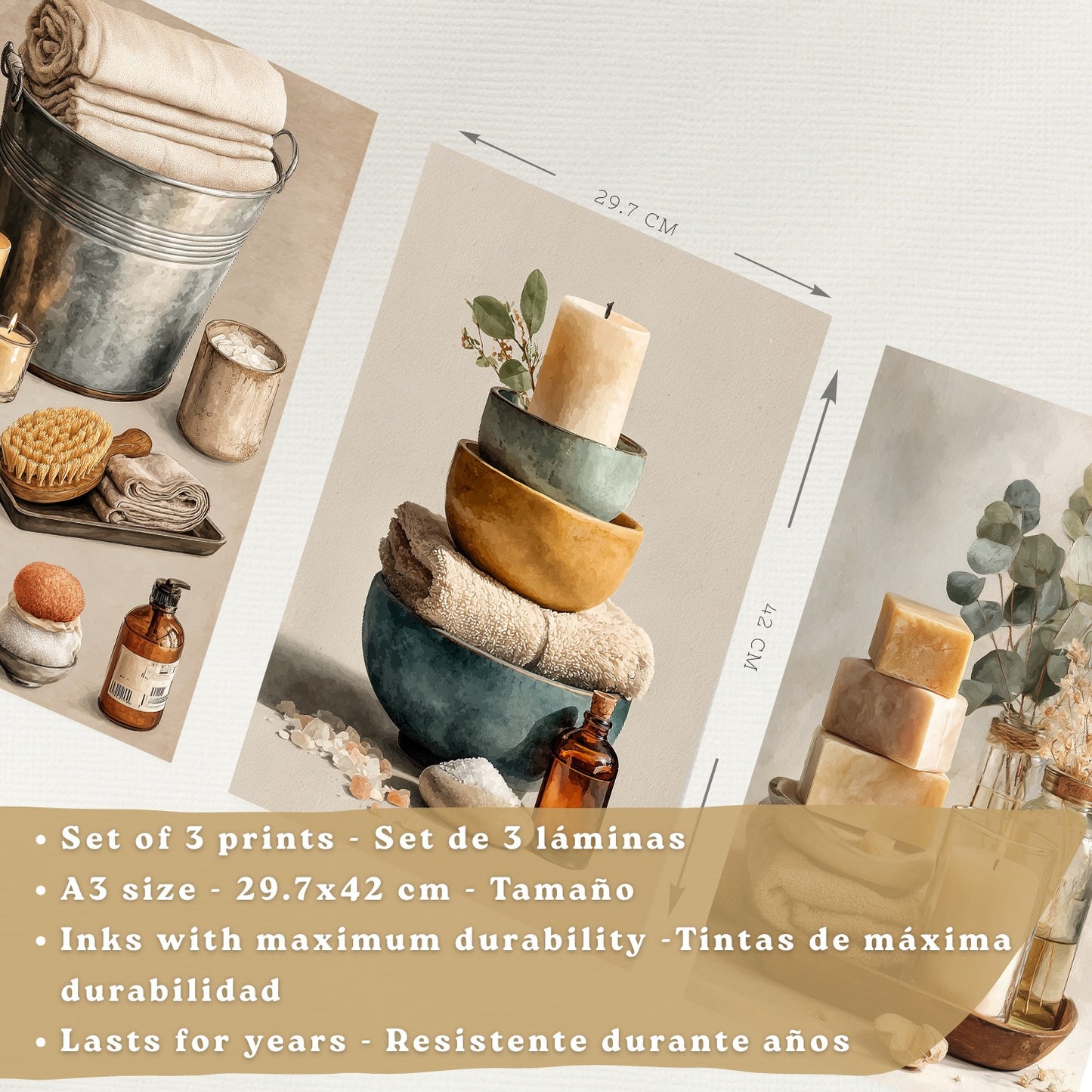 Set de 3 Laminas Decorativas para Baño Cuadros y Poster para Pared de Lavabo Ducha WC y Aseo con Velas Jabones y Toallas Estilo Natural Moderno