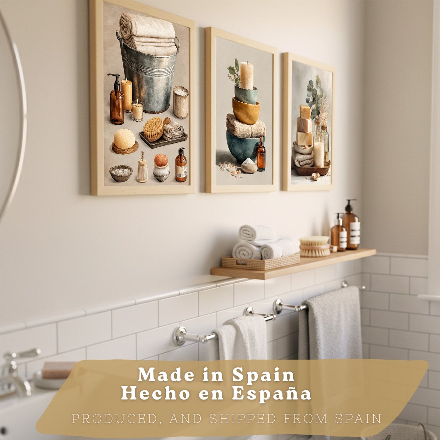 Set de 3 Laminas Decorativas para Baño Cuadros y Poster para Pared de Lavabo Ducha WC y Aseo con Velas Jabones y Toallas Estilo Natural Moderno
