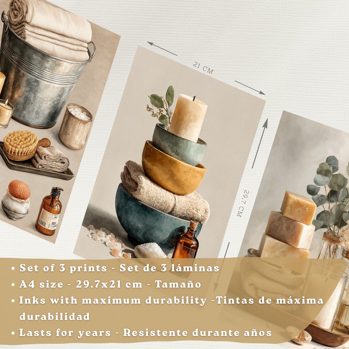 Set de 3 Laminas Decorativas para Baño Cuadros y Poster para Pared de Lavabo Ducha WC y Aseo con Velas Jabones y Toallas Estilo Natural Moderno