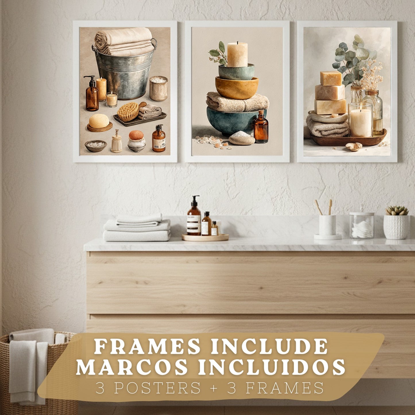 Set de 3 Laminas Decorativas para Baño Cuadros y Poster para Pared de Lavabo Ducha WC y Aseo con Velas Jabones y Toallas Estilo Natural Moderno