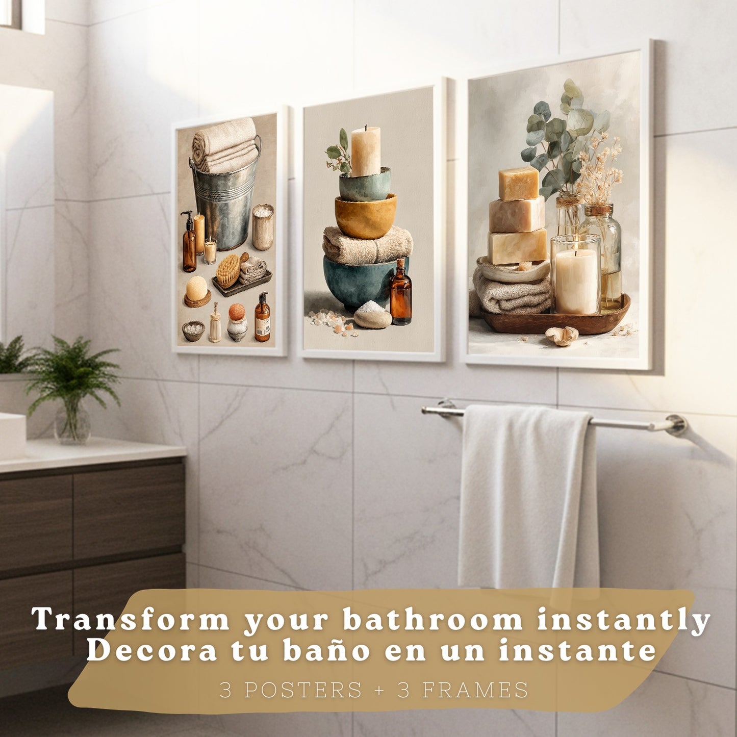 Set de 3 Laminas Decorativas para Baño Cuadros y Poster para Pared de Lavabo Ducha WC y Aseo con Velas Jabones y Toallas Estilo Natural Moderno