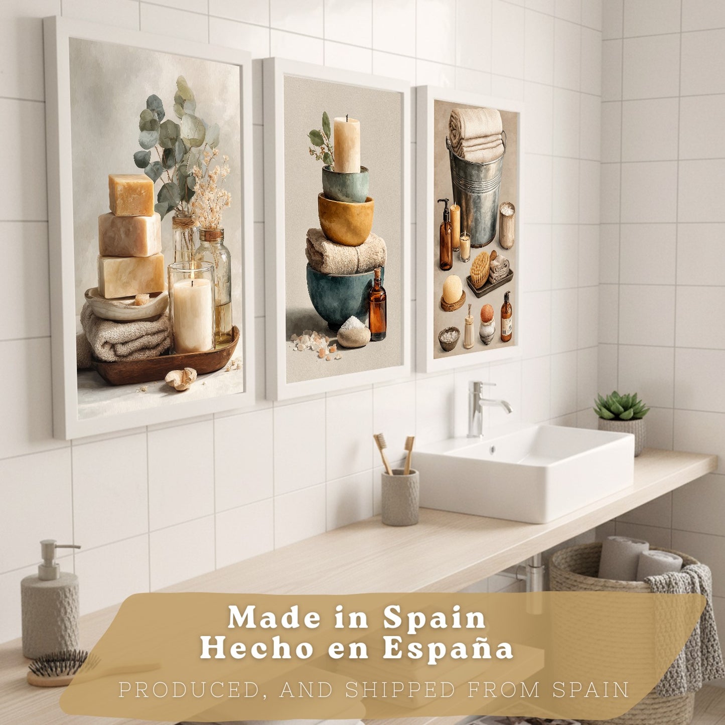 Set de 3 Laminas Decorativas para Baño Cuadros y Poster para Pared de Lavabo Ducha WC y Aseo con Velas Jabones y Toallas Estilo Natural Moderno