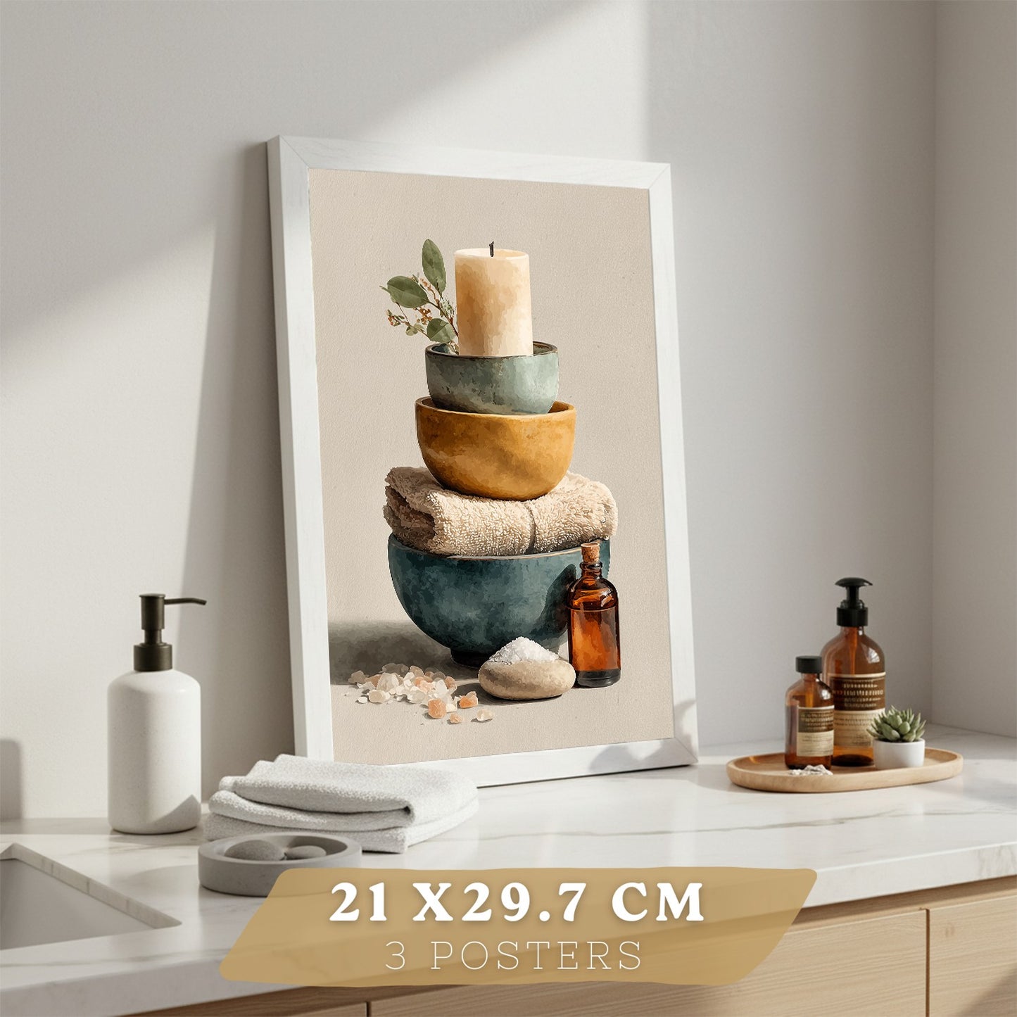 Set de 3 Laminas Decorativas para Baño Cuadros y Poster para Pared de Lavabo Ducha WC y Aseo con Velas Jabones y Toallas Estilo Natural Moderno