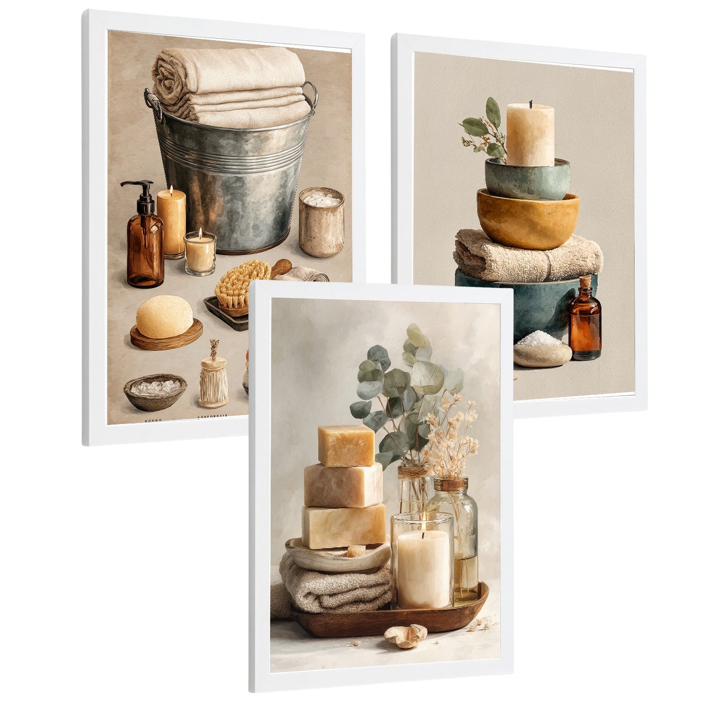 Set de 3 Laminas Decorativas para Baño Cuadros y Poster para Pared de Lavabo Ducha WC y Aseo con Velas Jabones y Toallas Estilo Natural Moderno