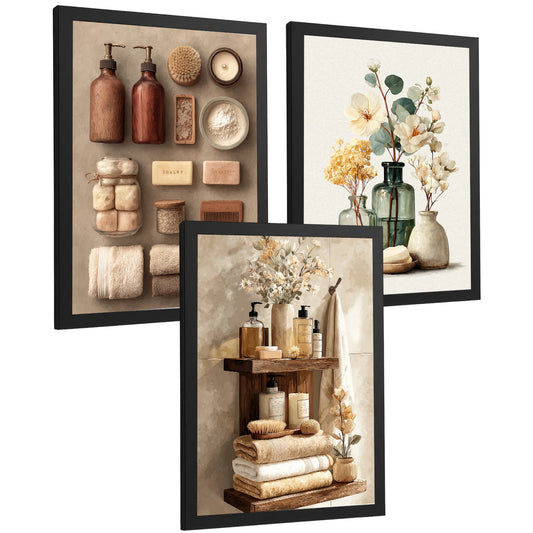 Set de 3 Laminas Decorativas Baño Estilo Spa Natural Cuadros Minimalistas con Flores y Accesorios Posters Zen Decoracion Hogar