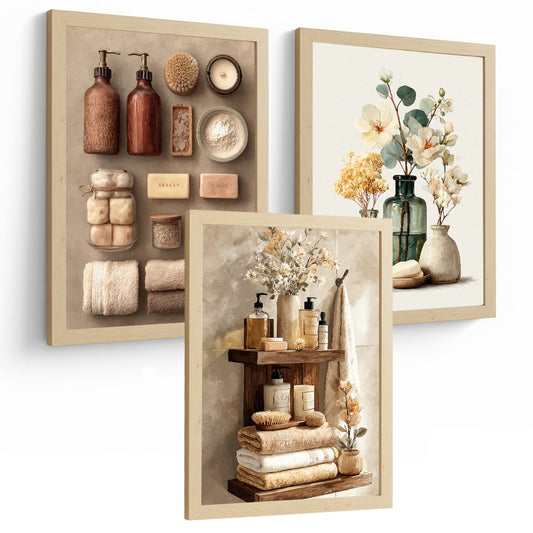 Set de 3 Laminas Decorativas Baño Estilo Spa Natural Cuadros Minimalistas con Flores y Accesorios Posters Zen Decoracion Hogar