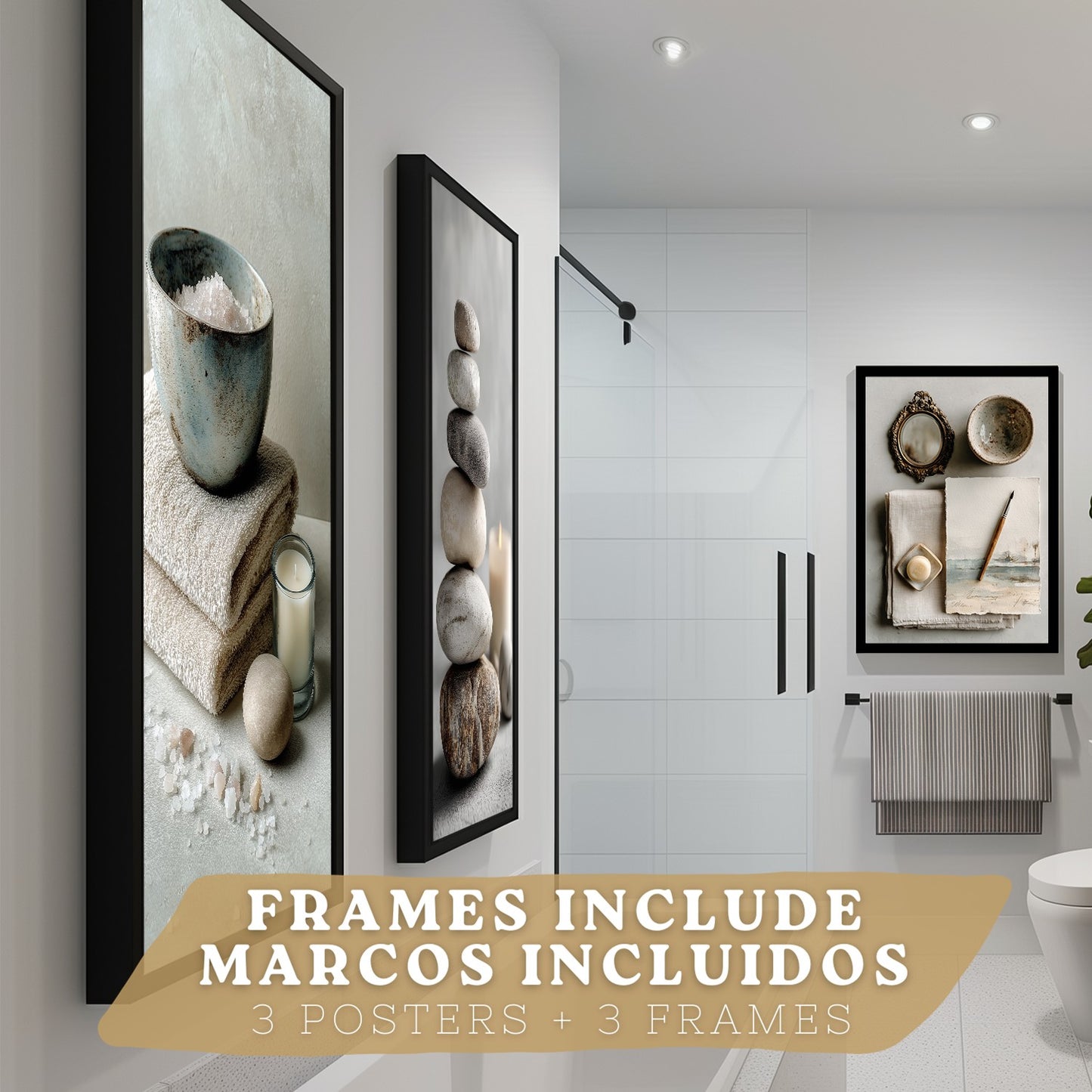 Set de 3 Cuadros Baño Modernos Posters Decorativos Estilo Spa Relax para Pared de Lavabo Ducha WC y Aseo con Piedras Velas y Sales Decoracion Zen