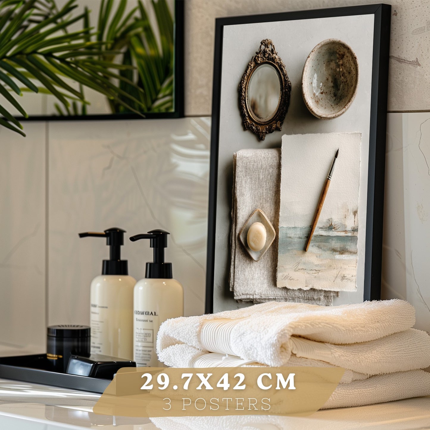 Set de 3 Cuadros Baño Modernos Posters Decorativos Estilo Spa Relax para Pared de Lavabo Ducha WC y Aseo con Piedras Velas y Sales Decoracion Zen