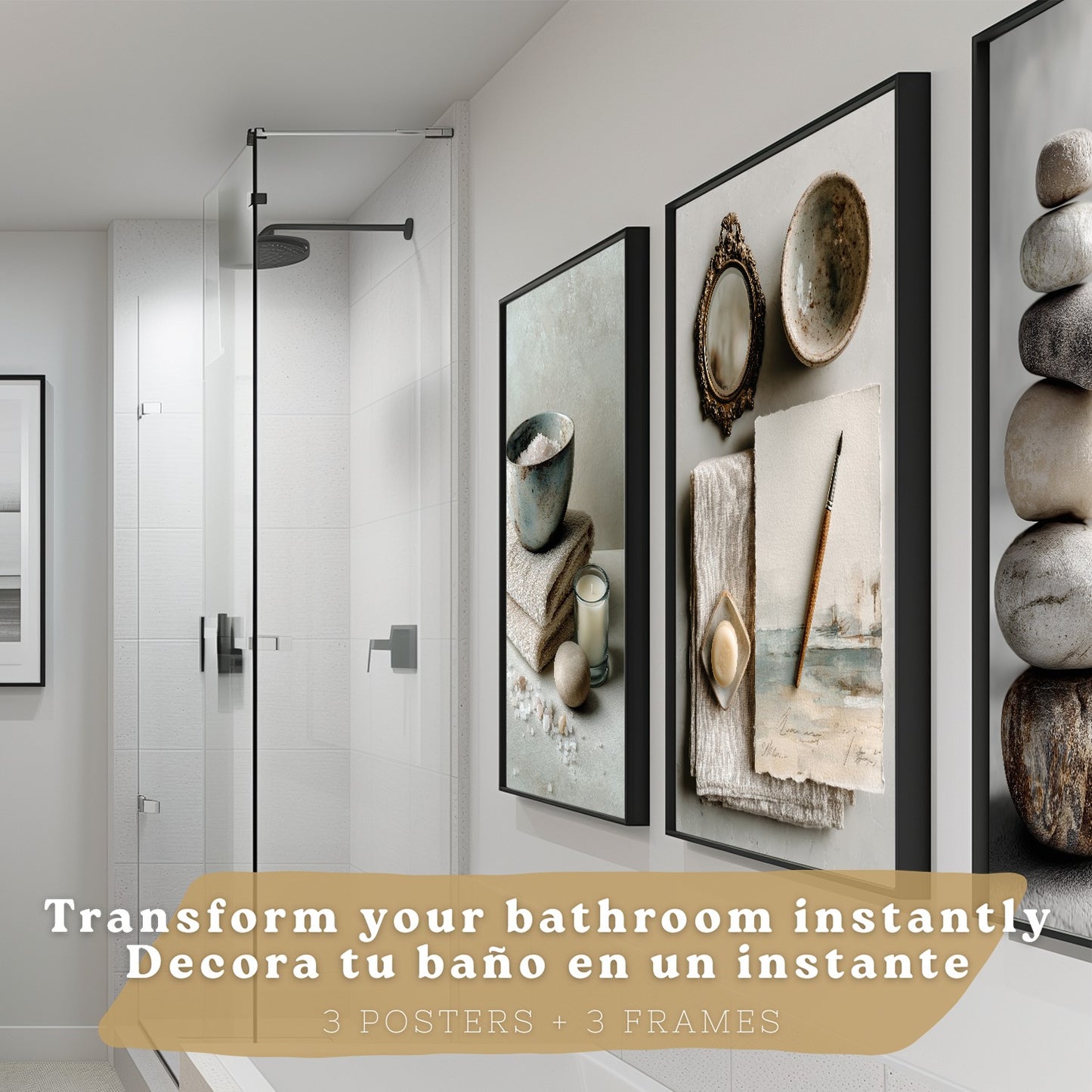 Set de 3 Cuadros Baño Modernos Posters Decorativos Estilo Spa Relax para Pared de Lavabo Ducha WC y Aseo con Piedras Velas y Sales Decoracion Zen